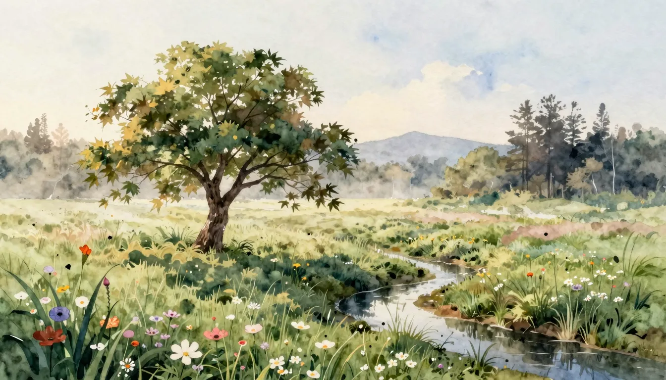 Watercolor style. A serene dawn landscape, a field of soft g...