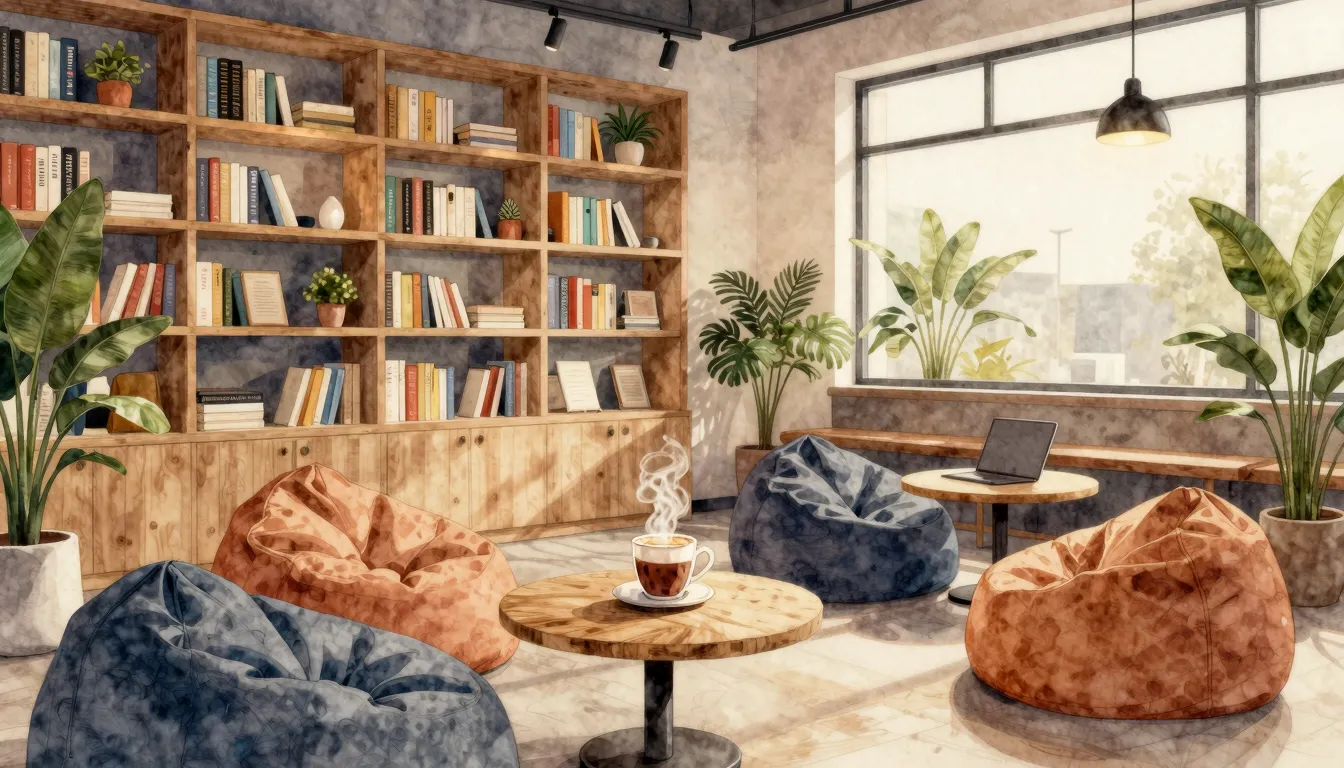 Watercolor style. Cozy interior of a modern anti-cafe with s...