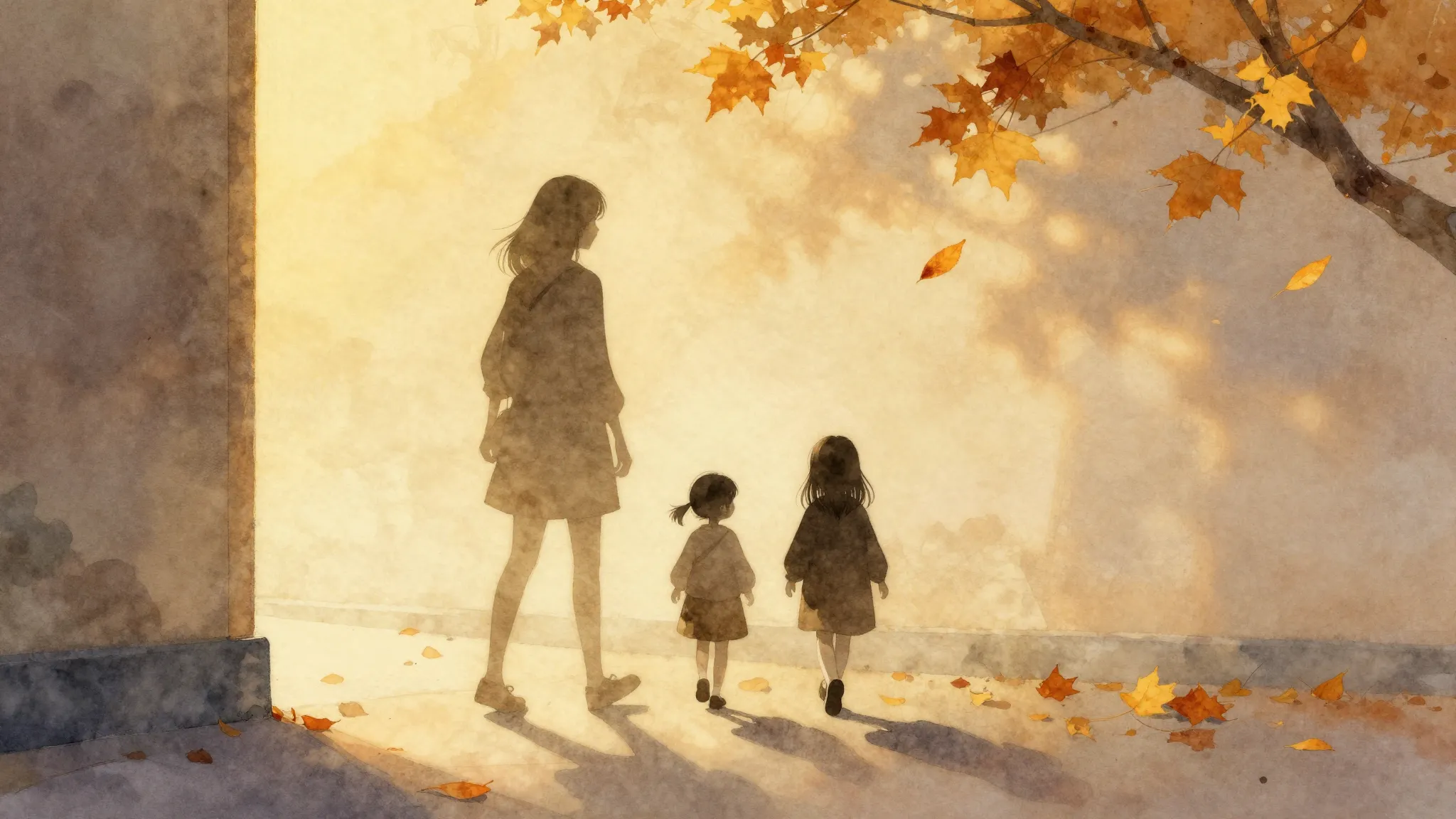 Watercolor style. Silhouettes of a tall girl and a small gir...