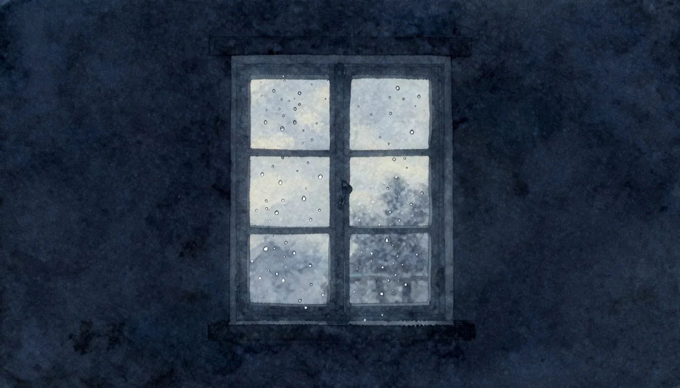 Watercolor style. Silhouette of a window with raindrops, dar...