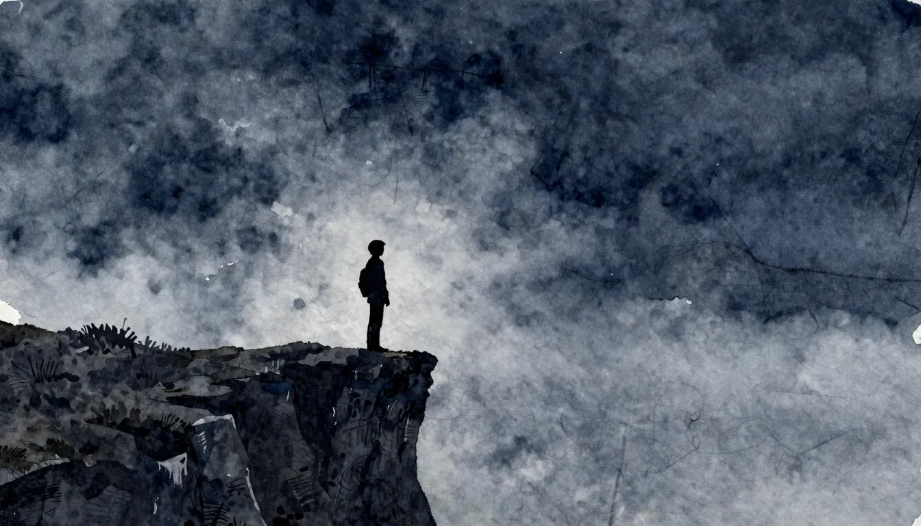 Watercolor style. Silhouette of a lonely person standing on ...