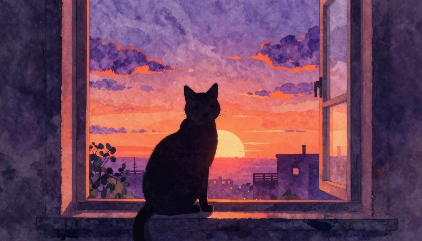Watercolor style. Silhouette of a cat sitting on a windowsil...