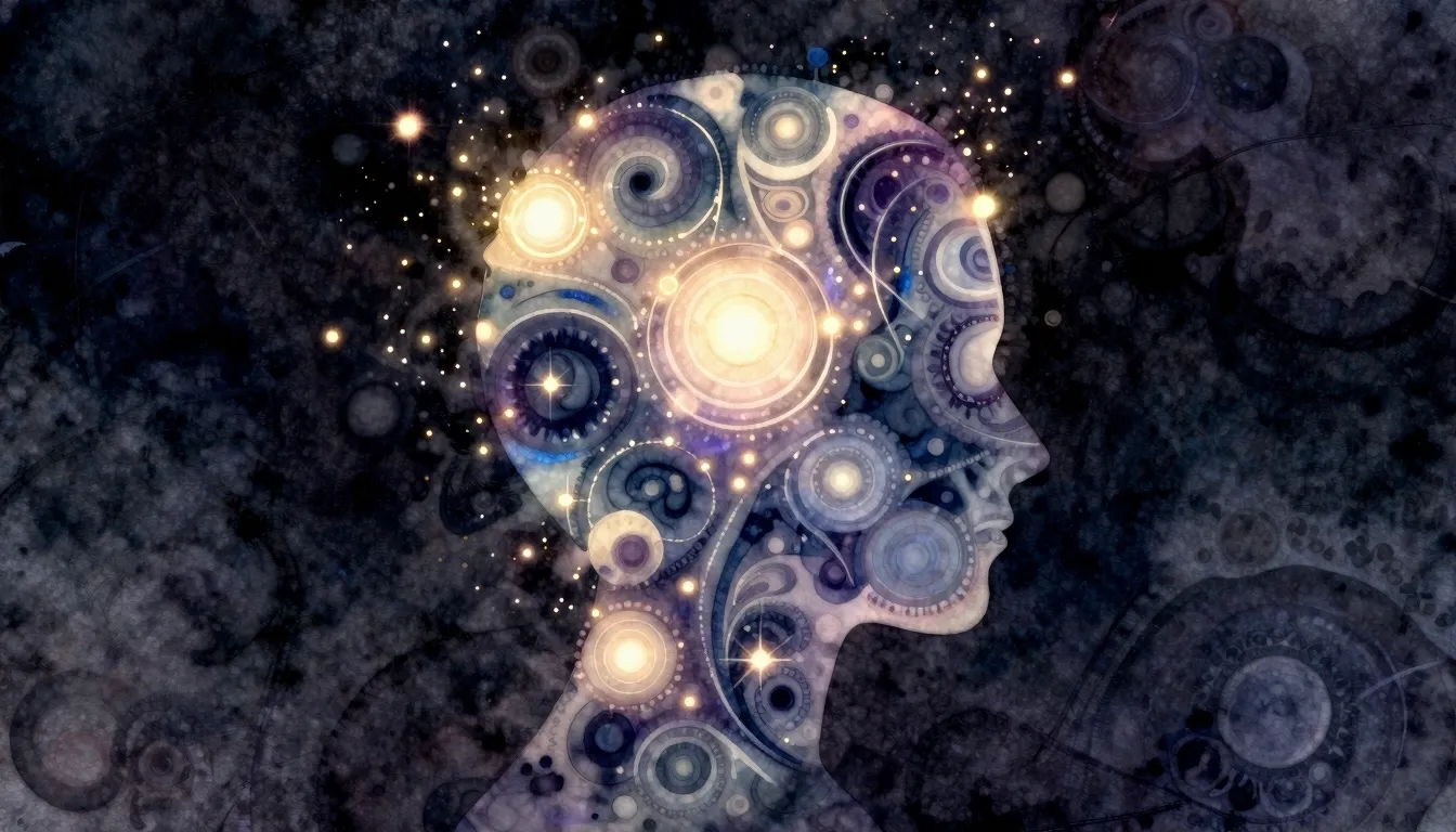 Watercolor style. Silhouette of a head with glowing abstract...