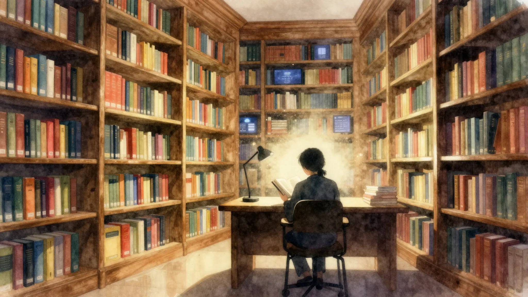 Watercolor style. A cozy library interior with tall wooden b...