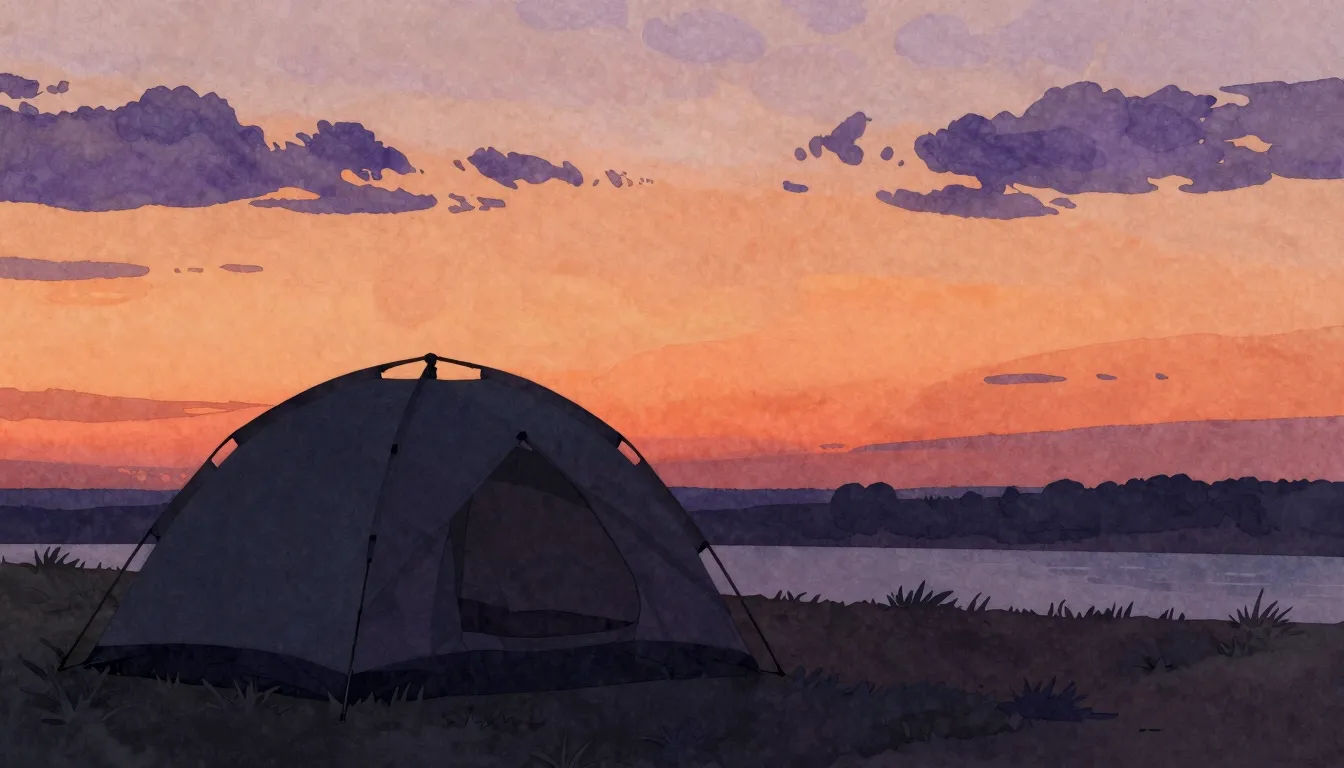 Watercolor style. Silhouette of a closed tent under a sunset...