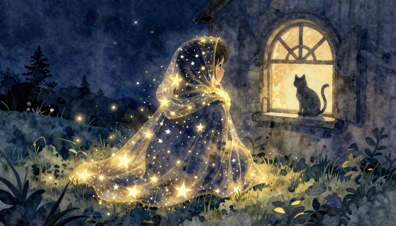 Watercolor style. A cozy night scene, a glowing starry cloak...