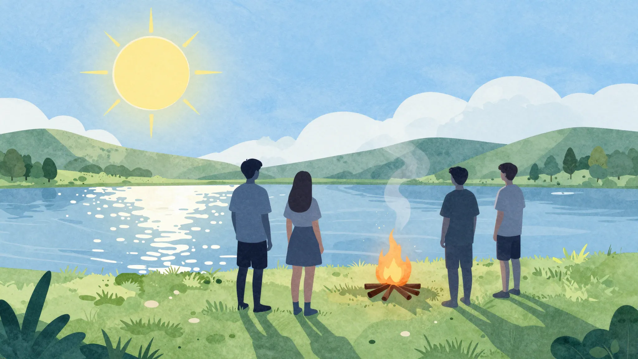 Watercolor style. Silhouettes of a group of friends standing...
