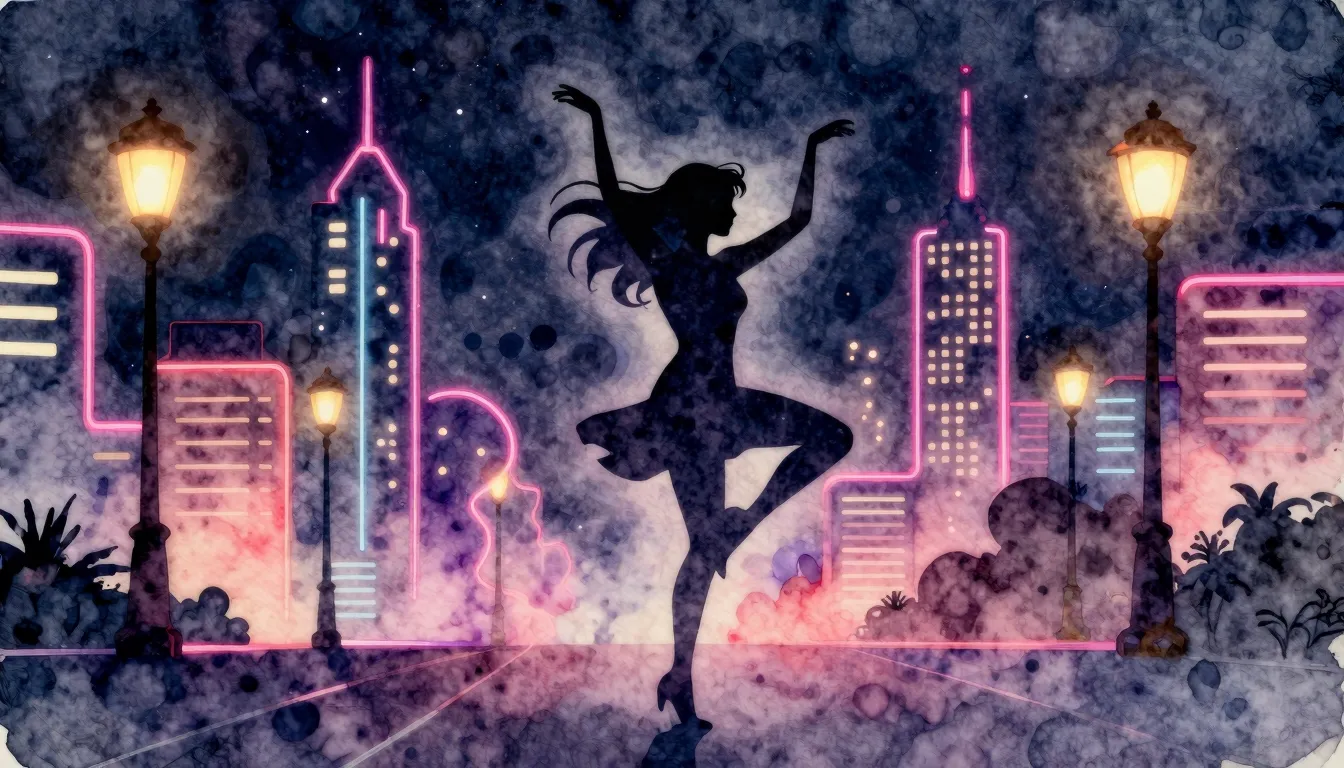 Watercolor style. Silhouette of a dancing female figure in a...