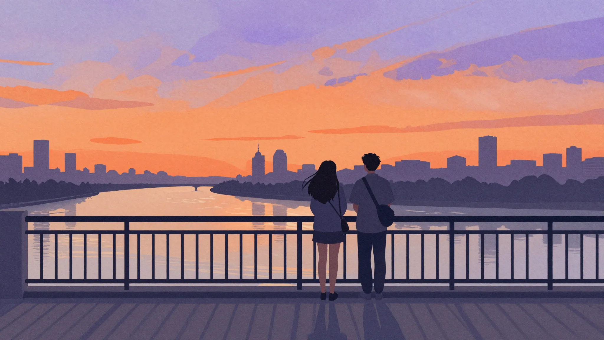 Watercolor style. A silhouette of two friends standing on a ...