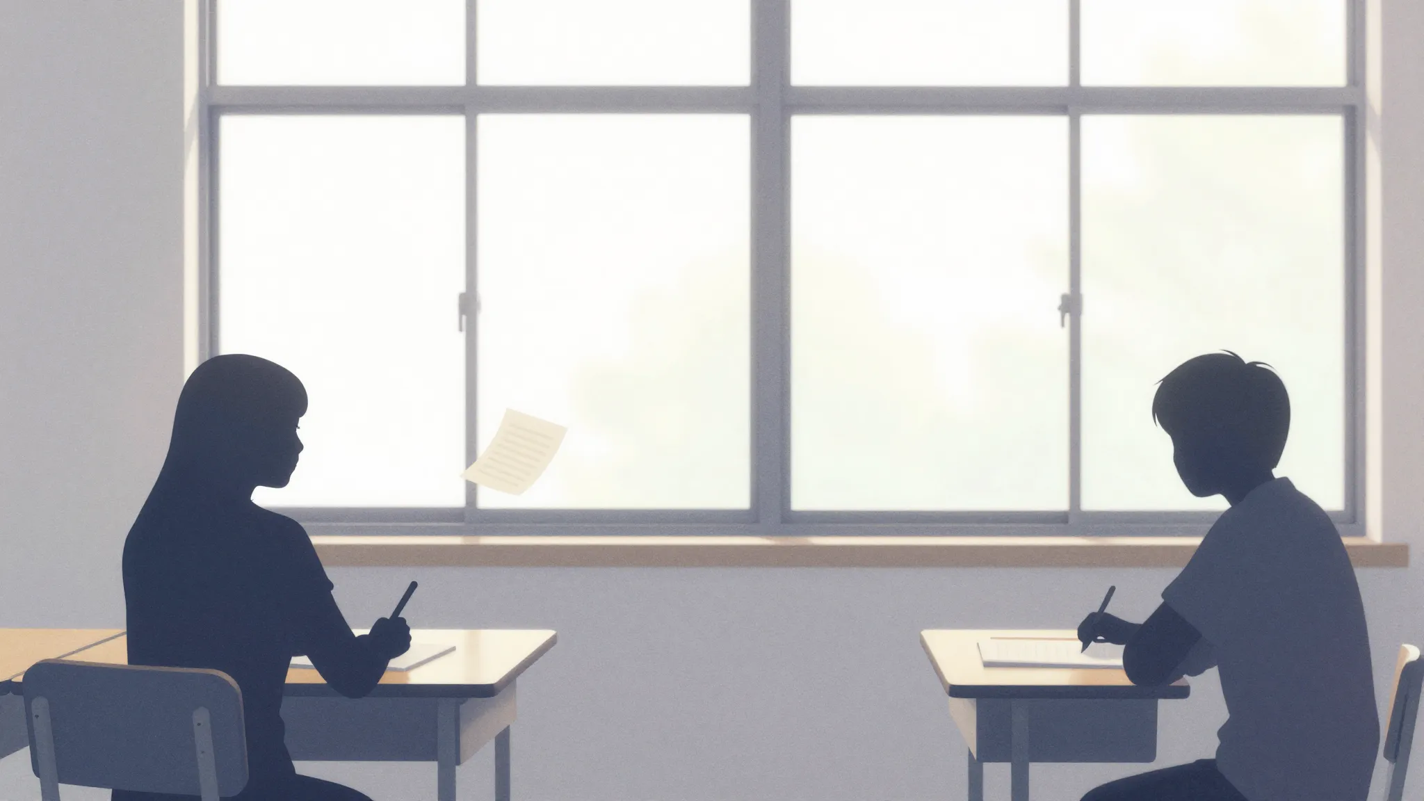 Watercolor style. Silhouette of two students in a classroom,...