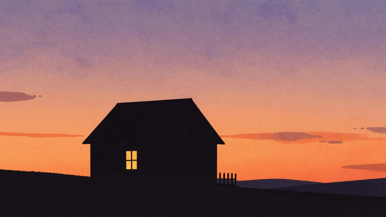 Watercolor style. A silhouette of a house at sunset, warm or...