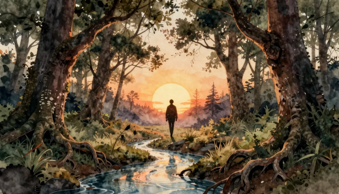 Watercolor style. A silhouette of a lone figure walking towa...