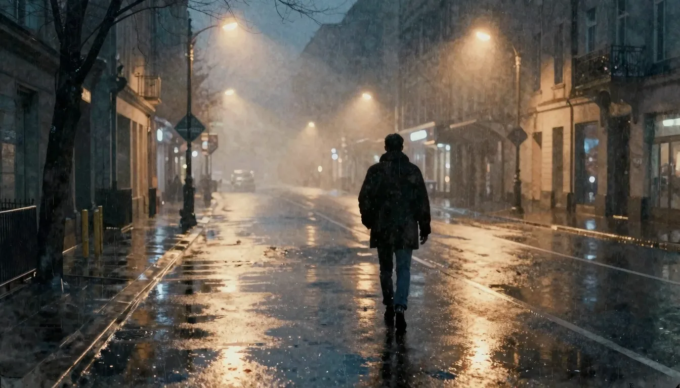 Watercolor style. Cinematic rainy city street at night, glow...