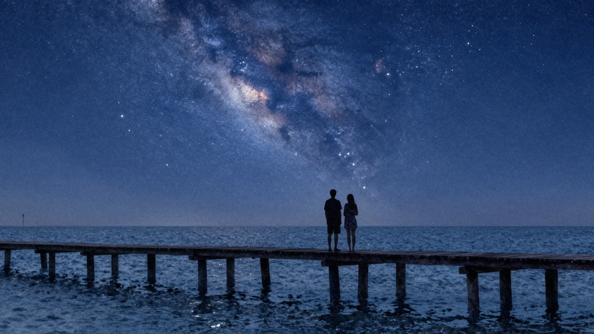 Watercolor style. Silhouettes of a couple standing on a wood...