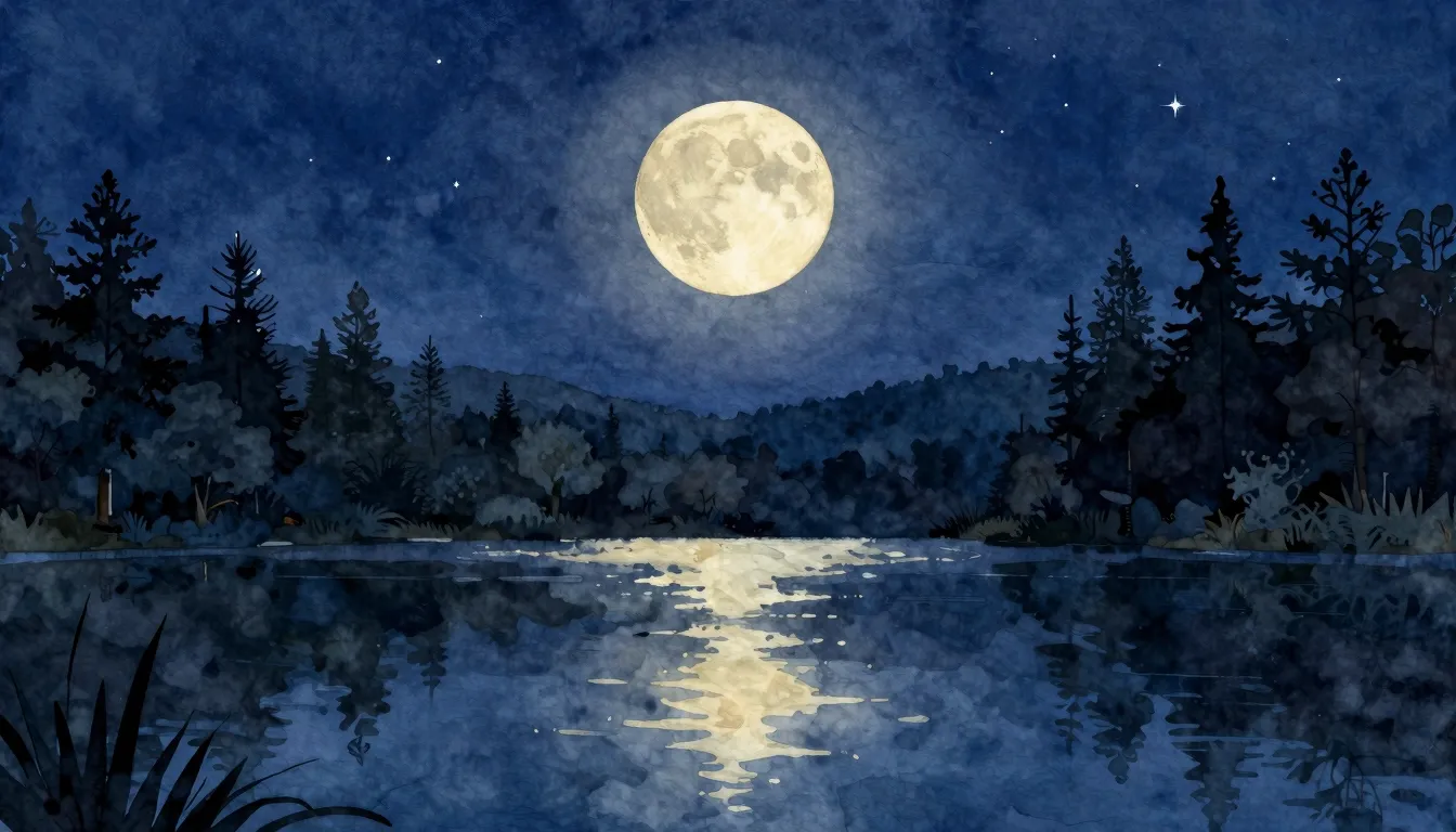 Watercolor style. A serene summer night landscape, a glowing...