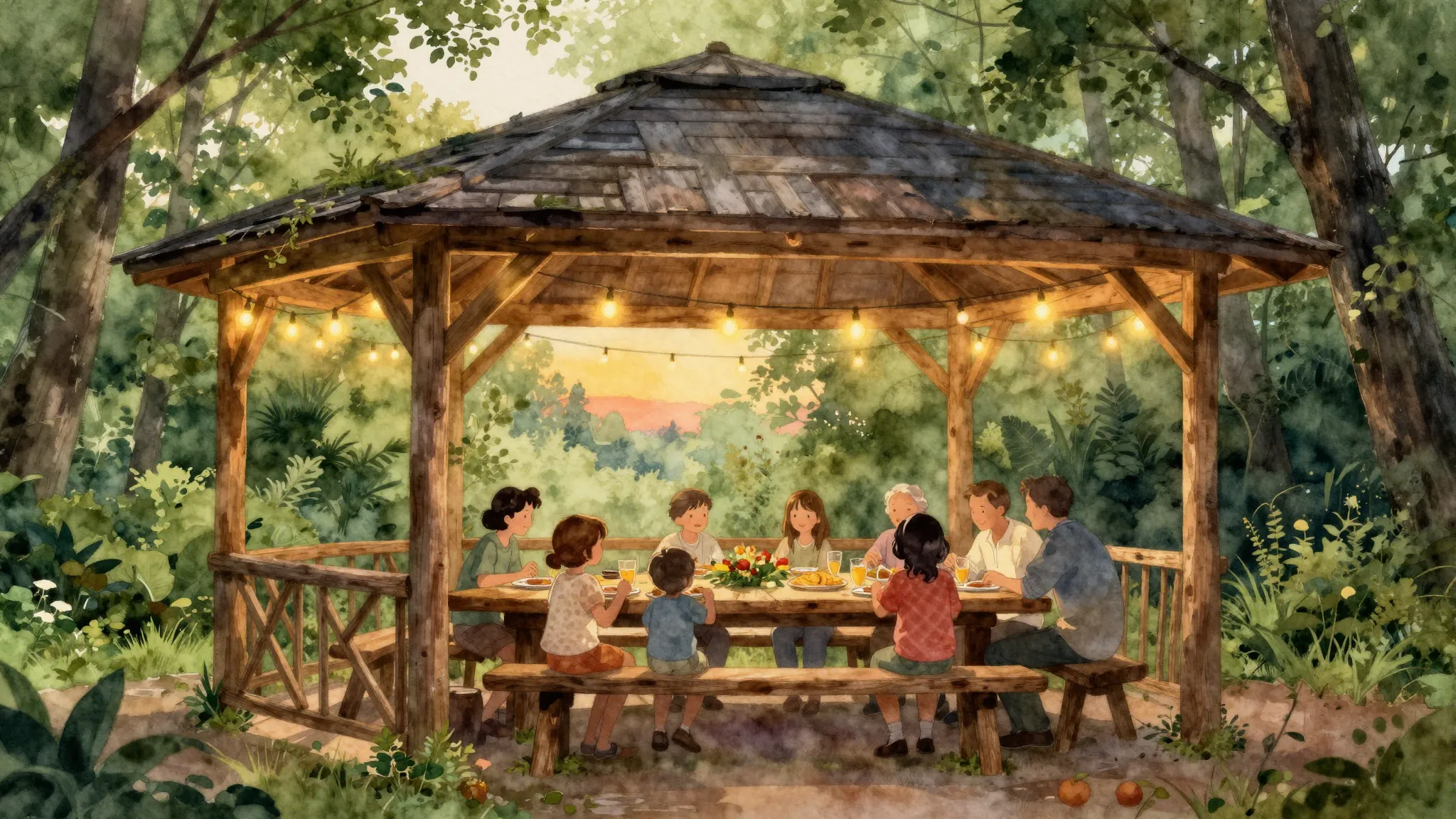 Watercolor style. A cozy wooden gazebo in a lush green fores...