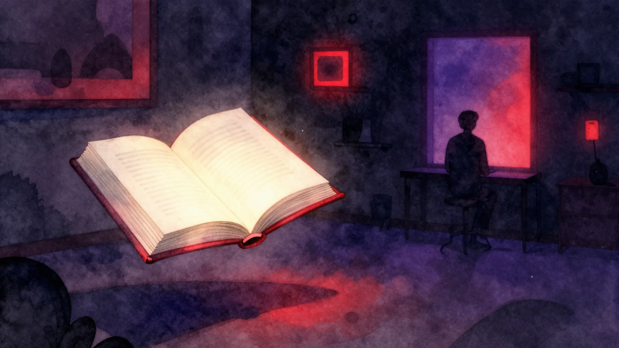Watercolor style. A glowing open book floating in a dark roo...