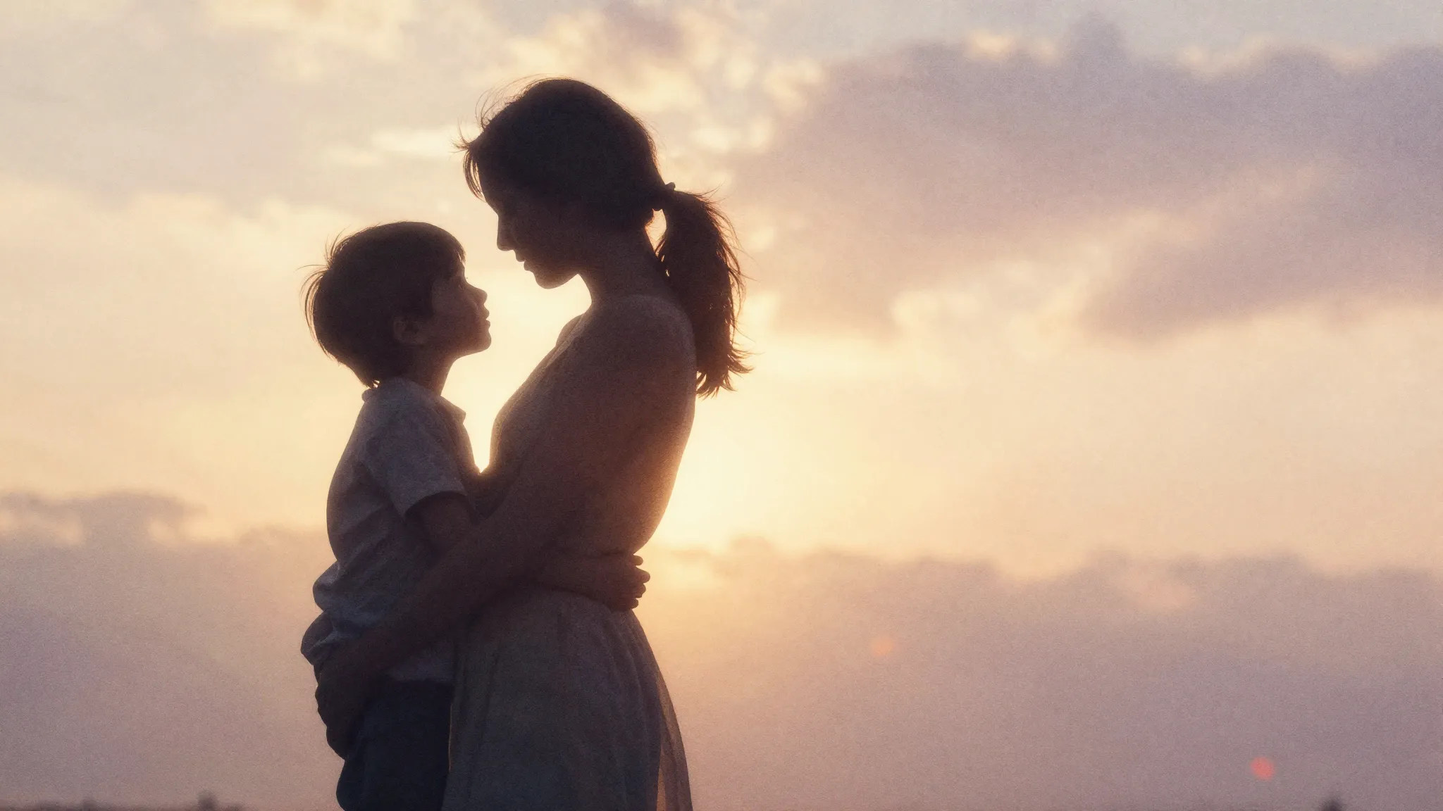Watercolor style. Silhouette of a child hugging a mother sil...