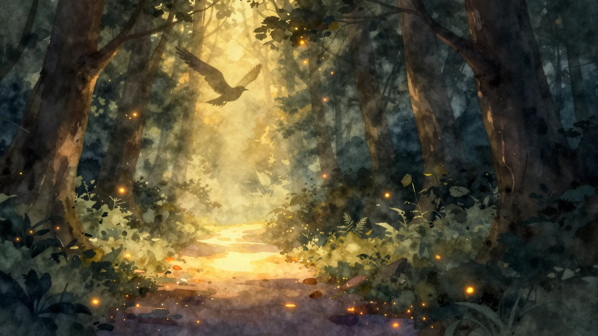 Watercolor style. A glowing warm light floating in a dark fo...