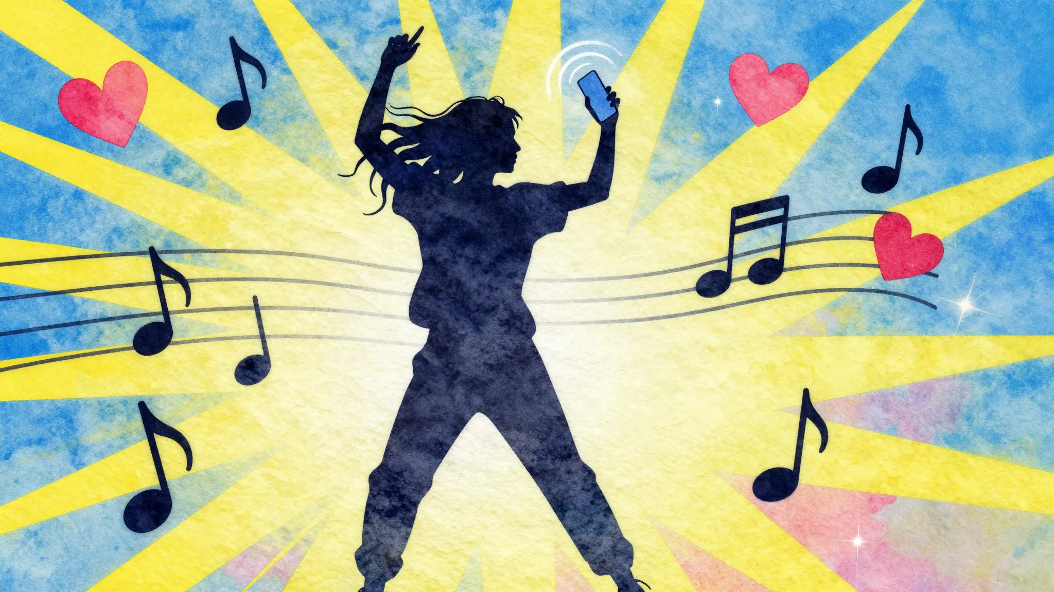 Watercolor style. Silhouette of a person dancing with a ring...