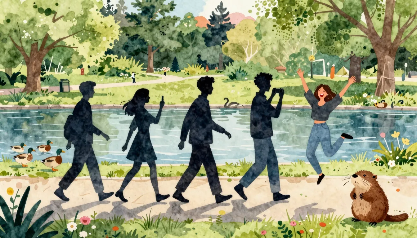 Watercolor style. Silhouettes of friends walking in a beauti...