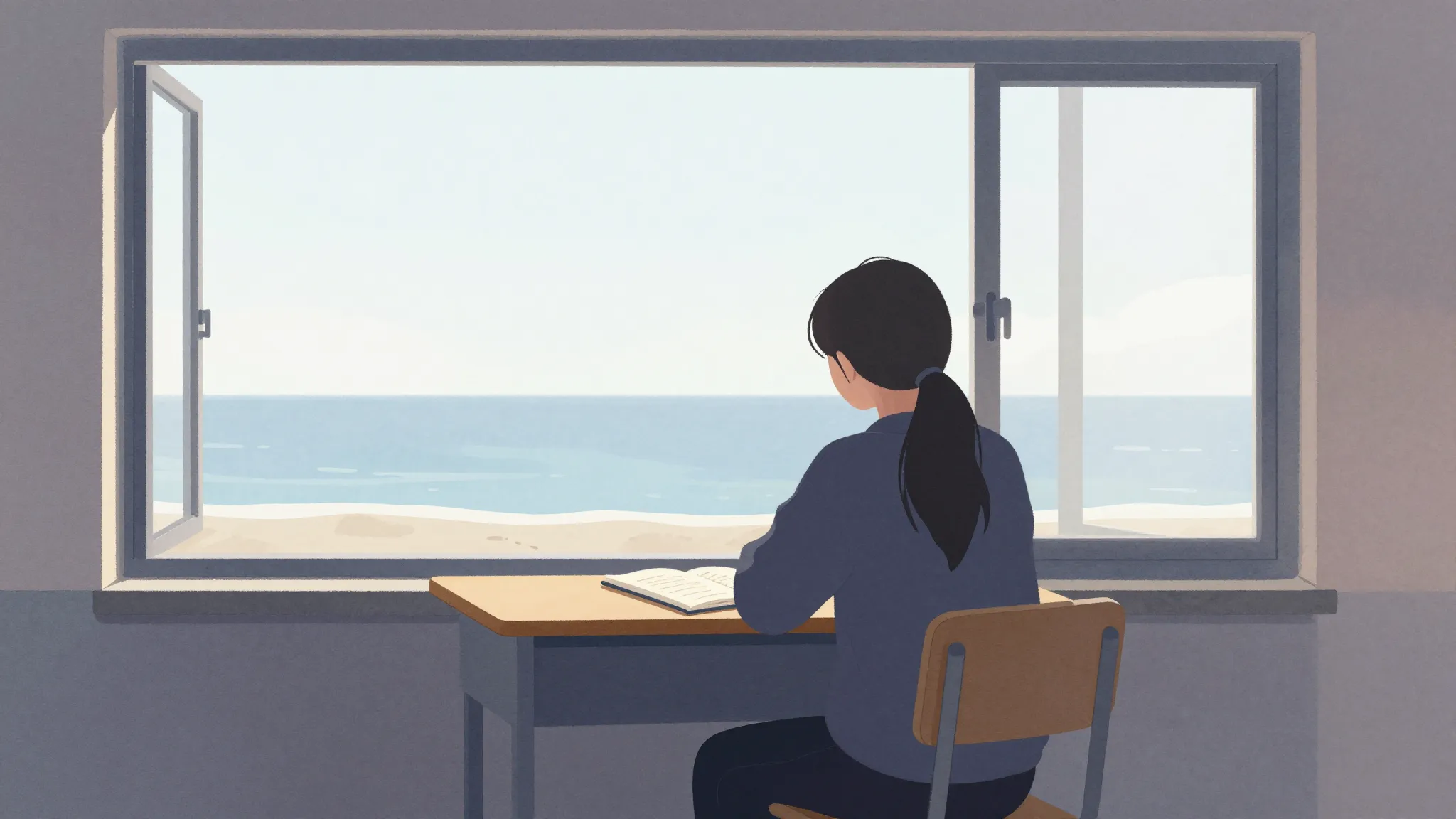 Watercolor style. A silhouette of a student sitting at a des...