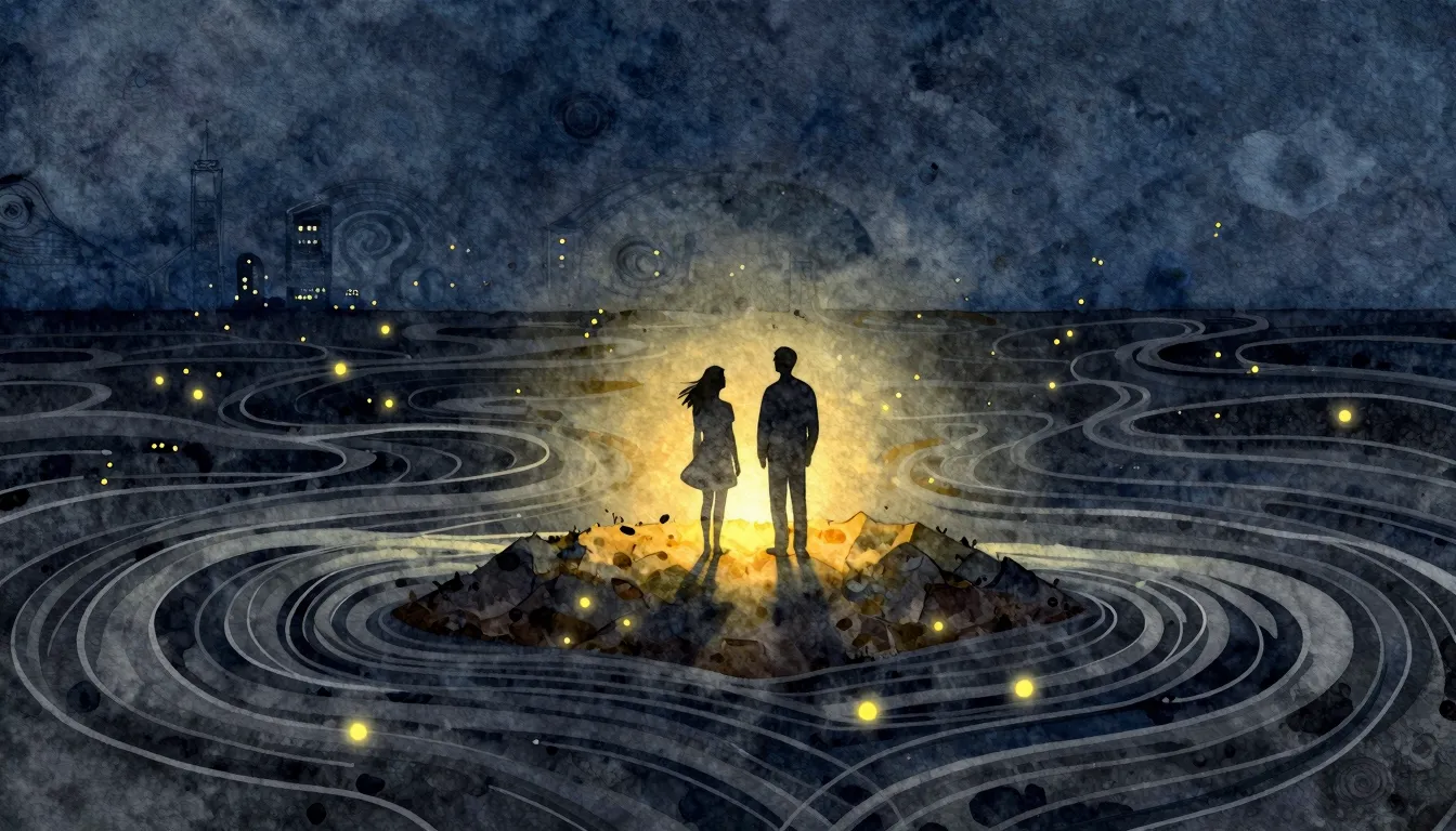 Watercolor style. Two silhouettes of a couple standing on a ...