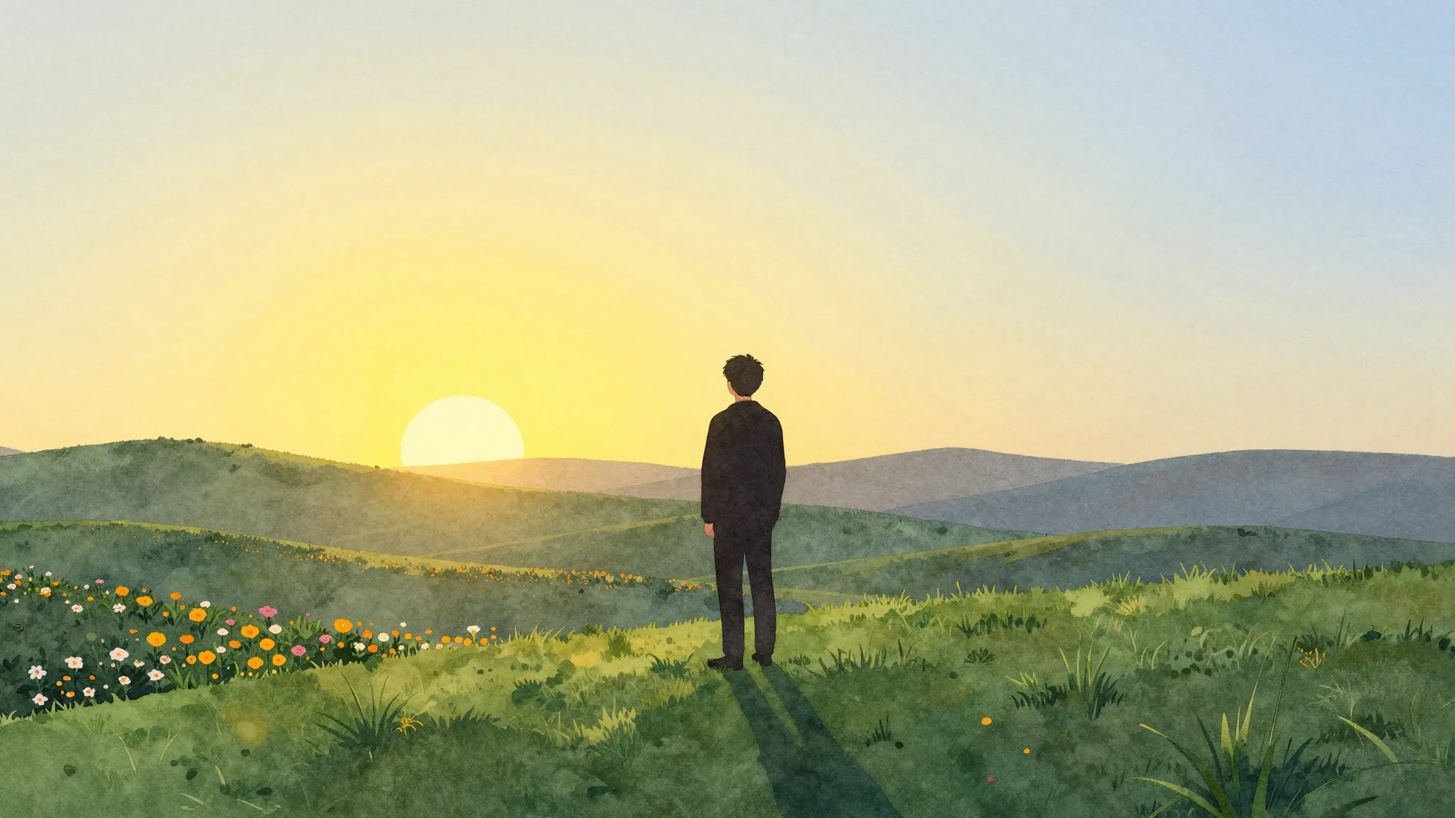 Watercolor style. A dark silhouette of a person standing on ...