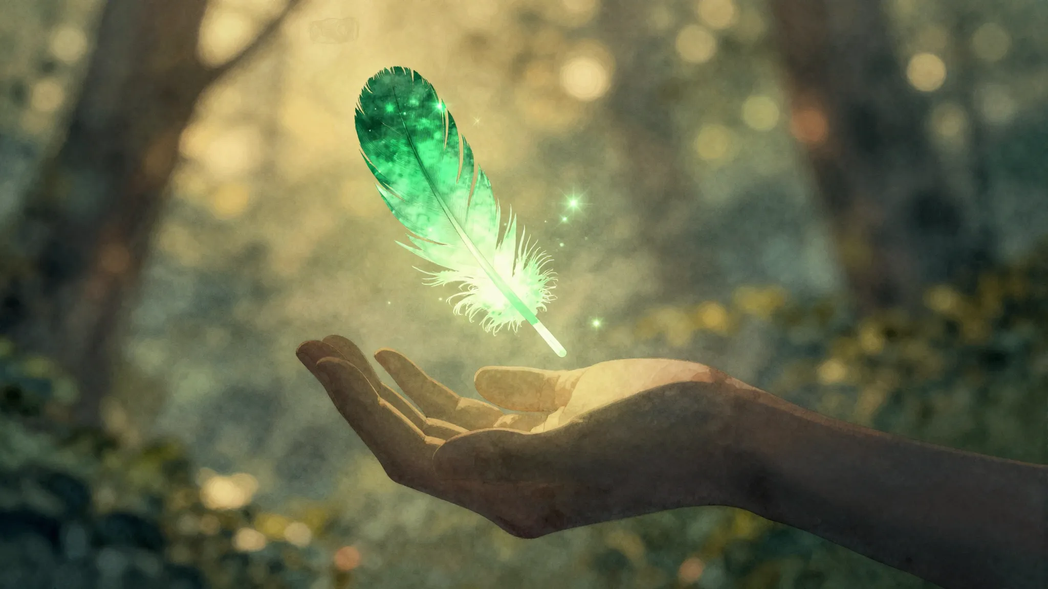 Watercolor style. A glowing feather falling into a silhouett...