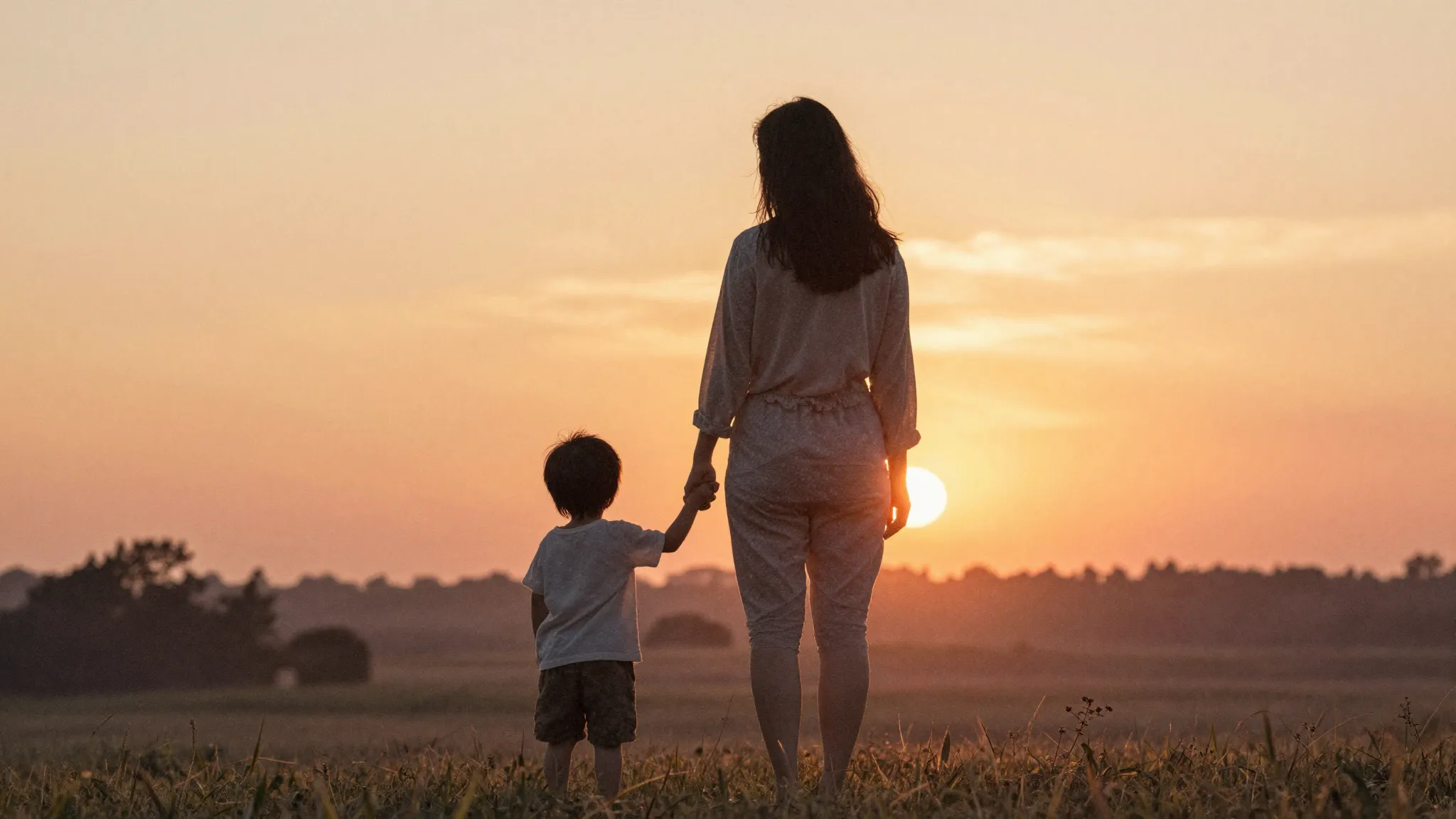 Watercolor style. Silhouette of a mother and child holding h...