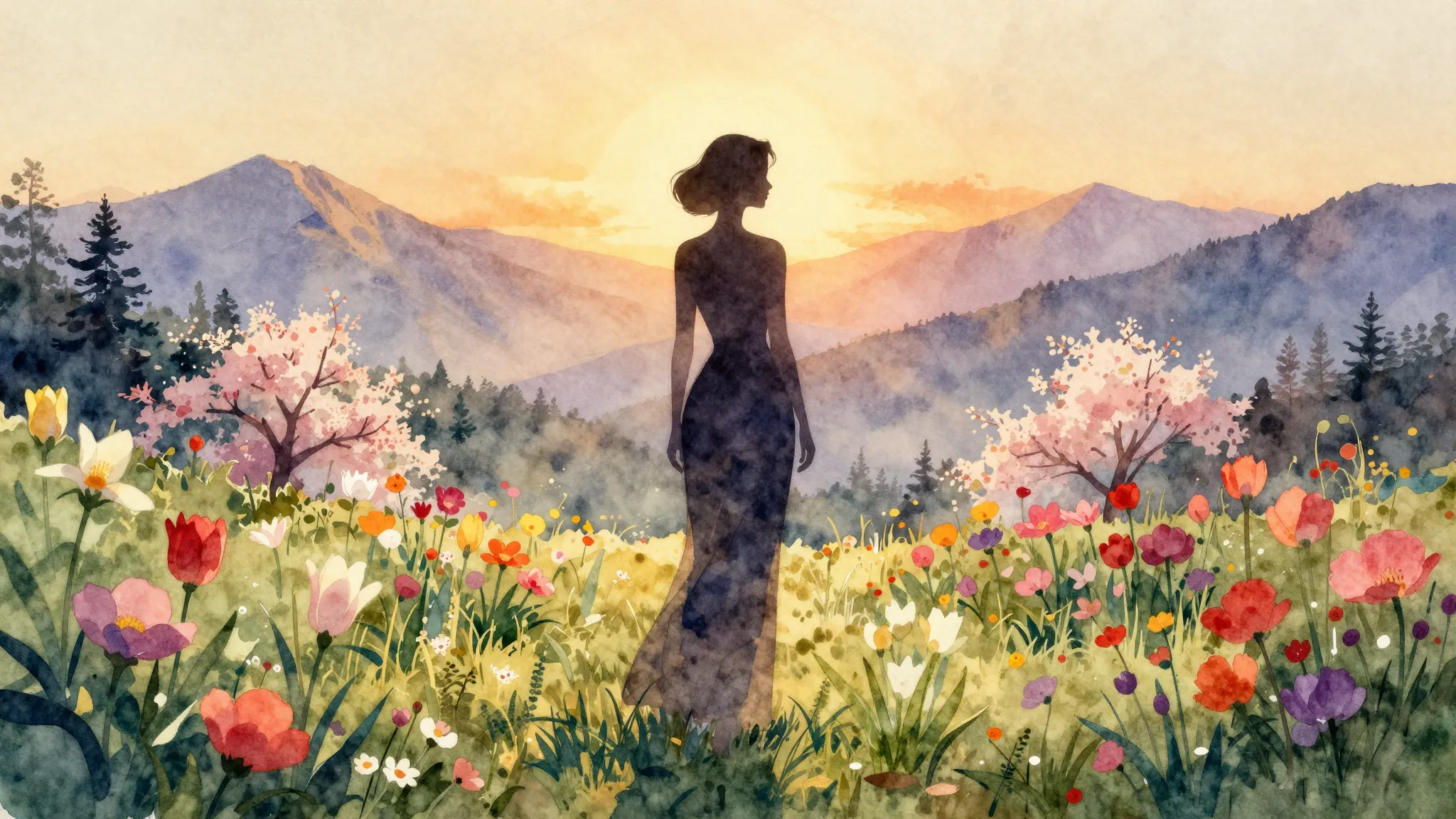 Watercolor style. A silhouette of an elegant woman standing ...