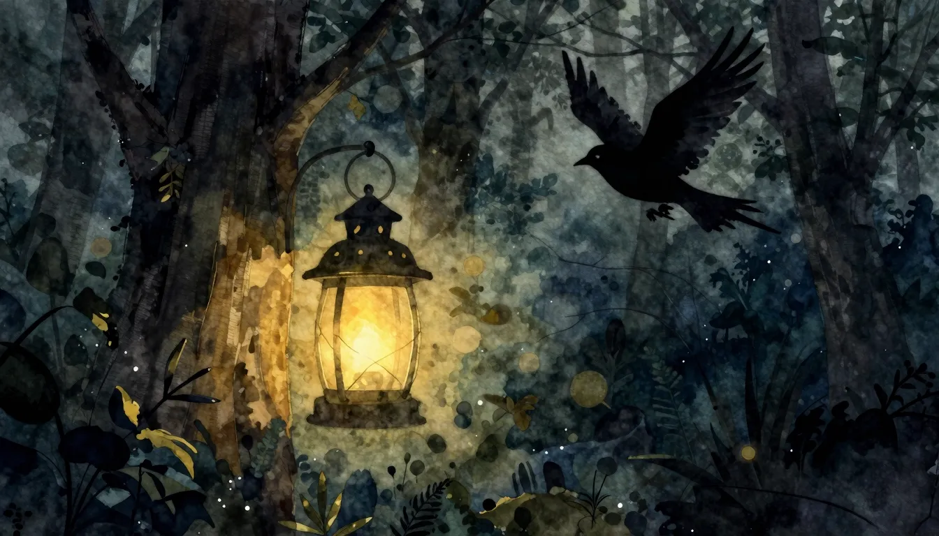 Watercolor style. A glowing lantern in a dark forest, castin...