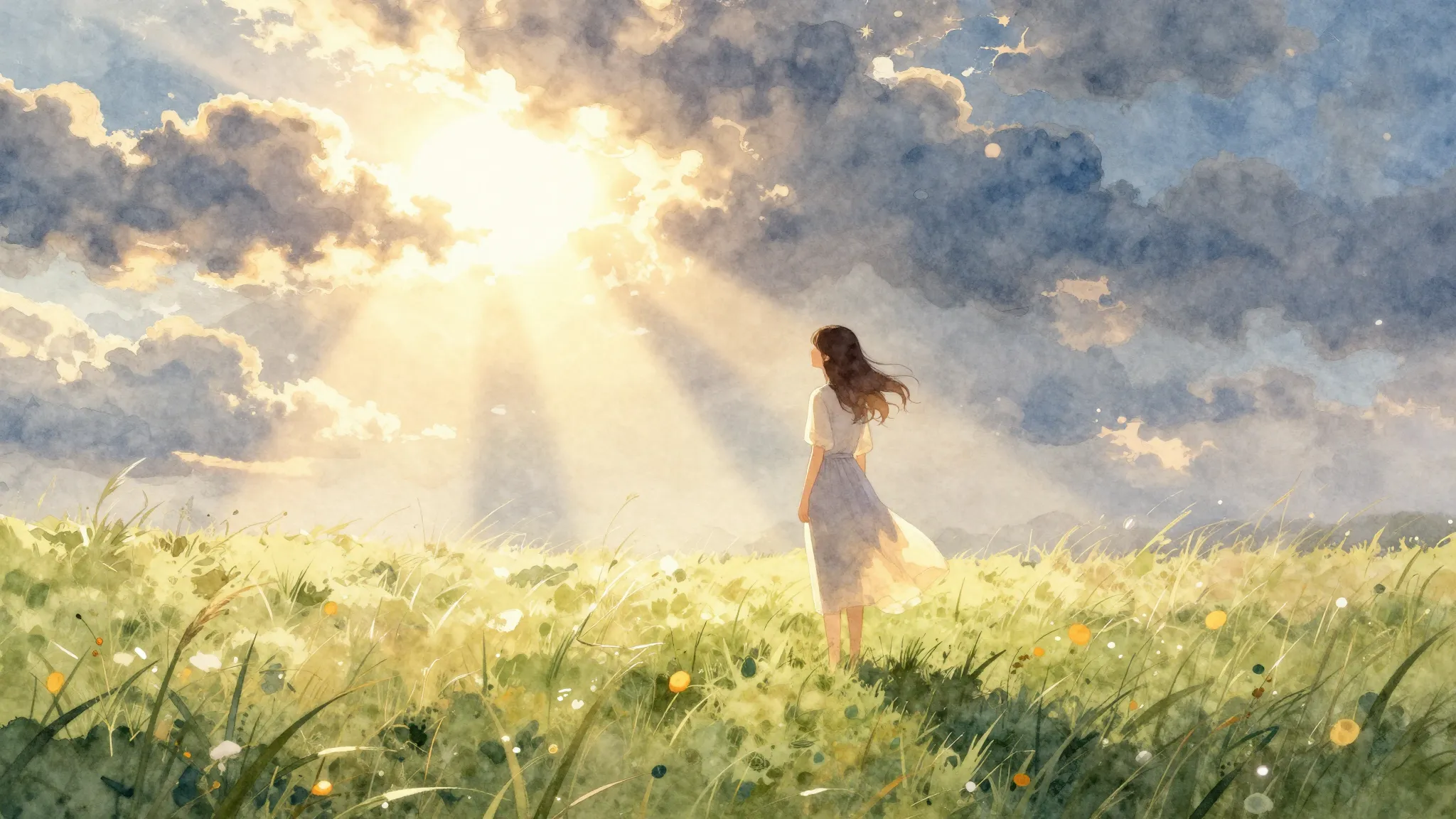 Watercolor style. A bright sun shining through dark clouds, ...