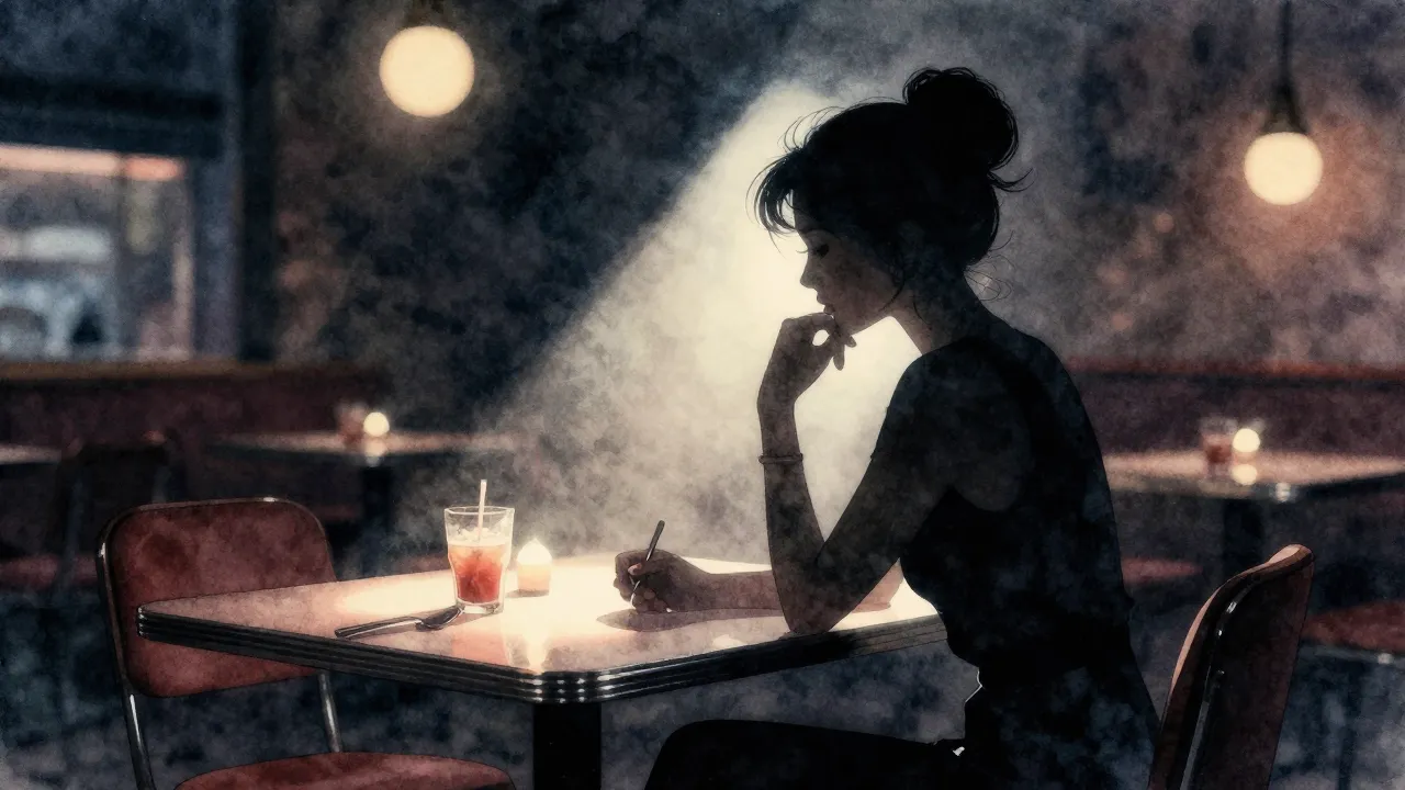 Watercolor style. A silhouette of a woman sitting at a resta...