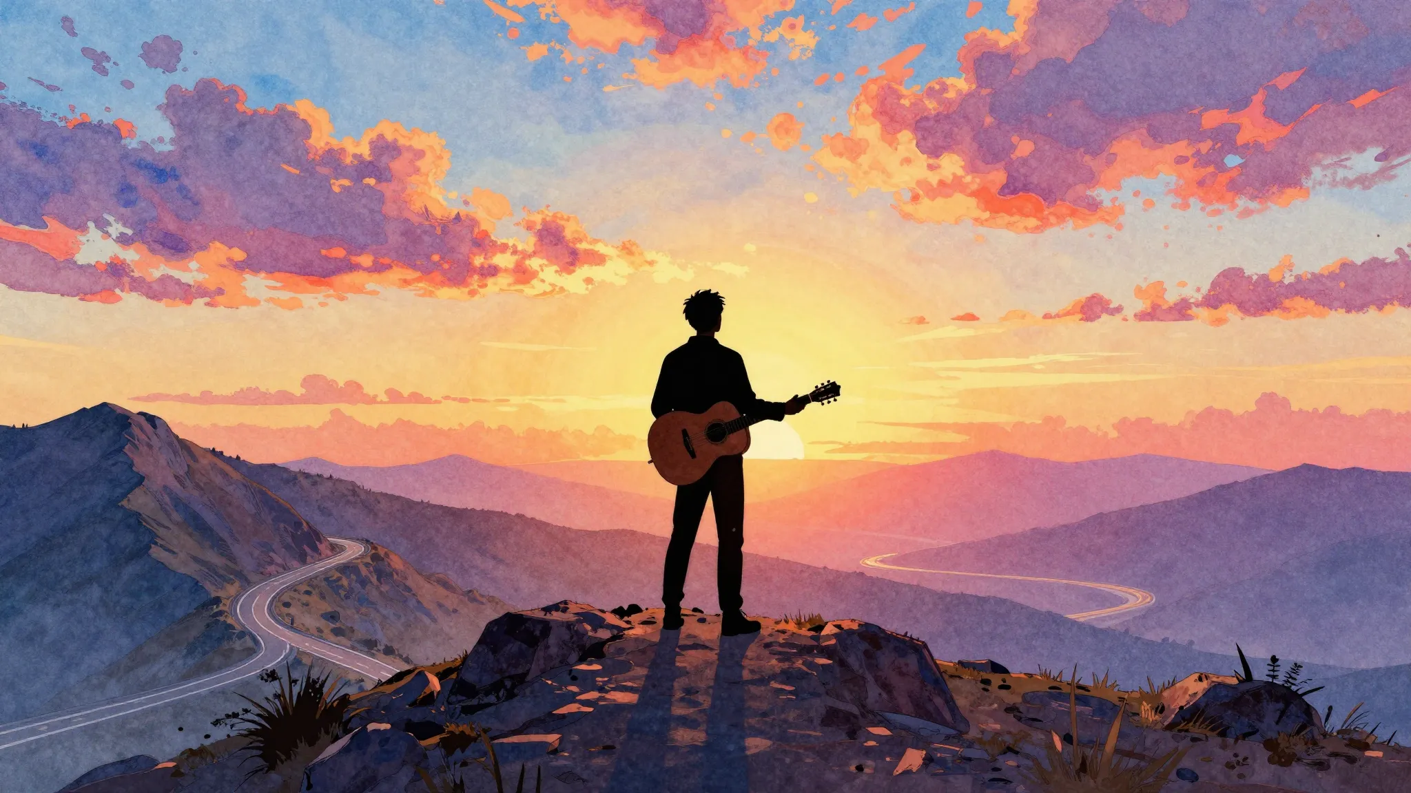Watercolor style. A silhouette of a man with a guitar standi...