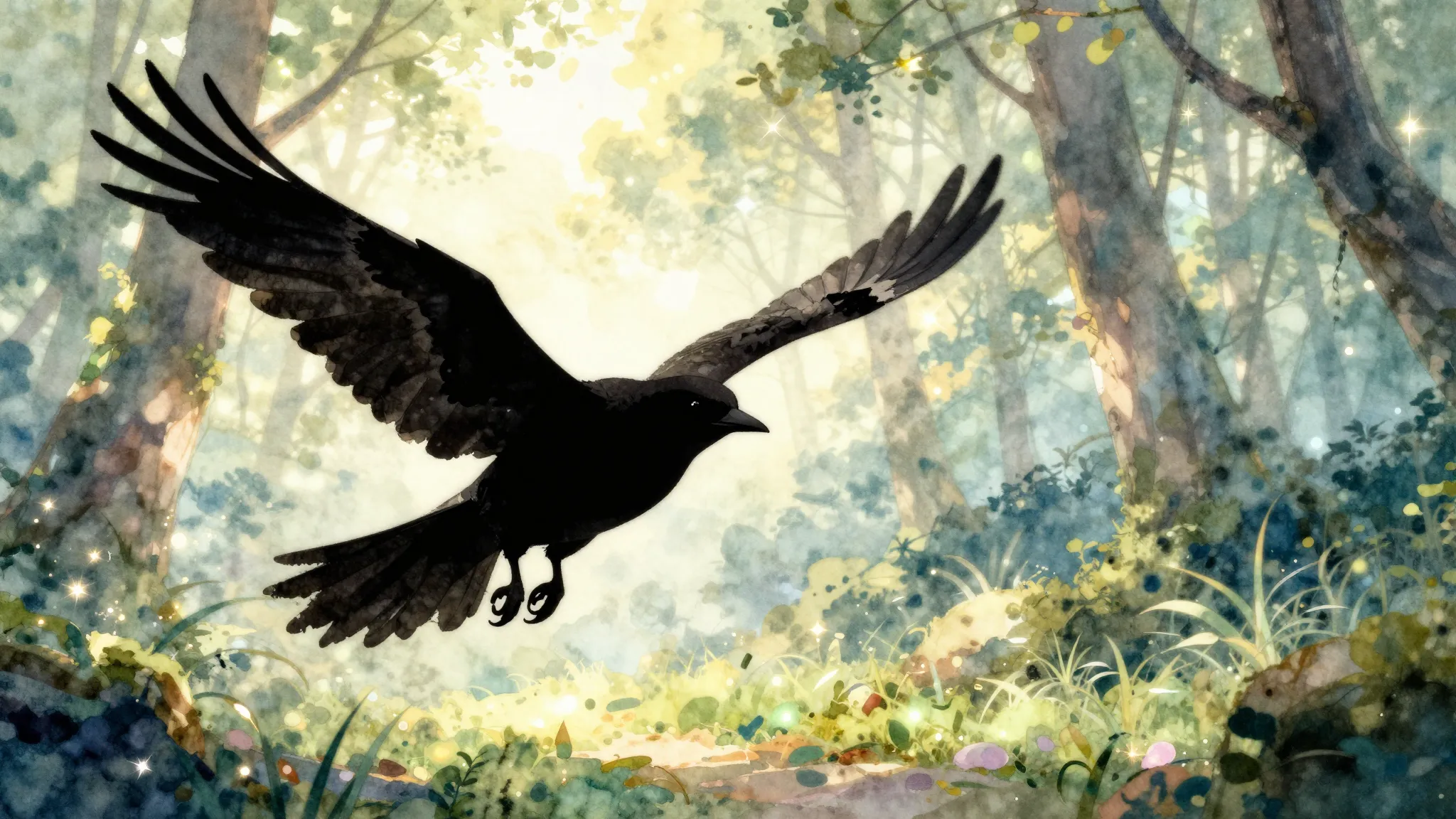 Watercolor style. Silhouette of a bird with large wings flyi...