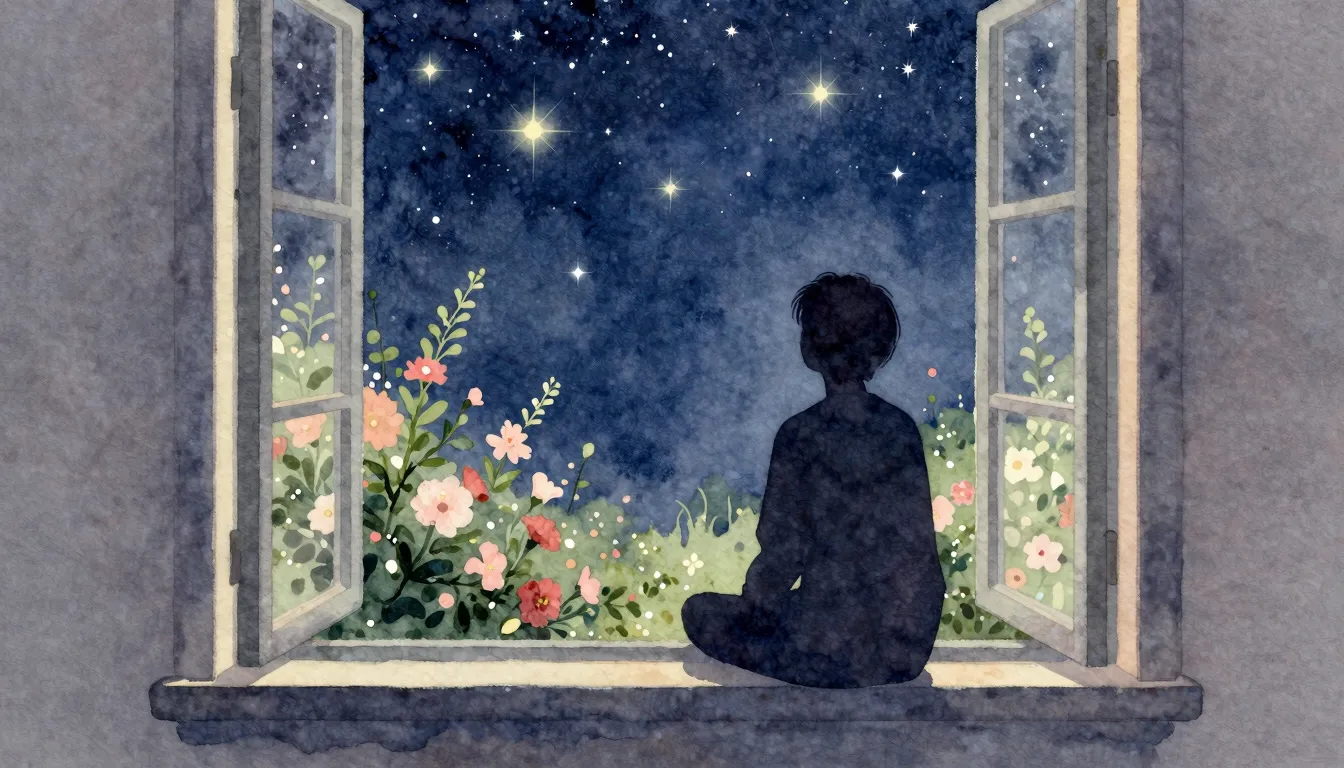 Watercolor style. A silhouette of a person sitting by a wind...