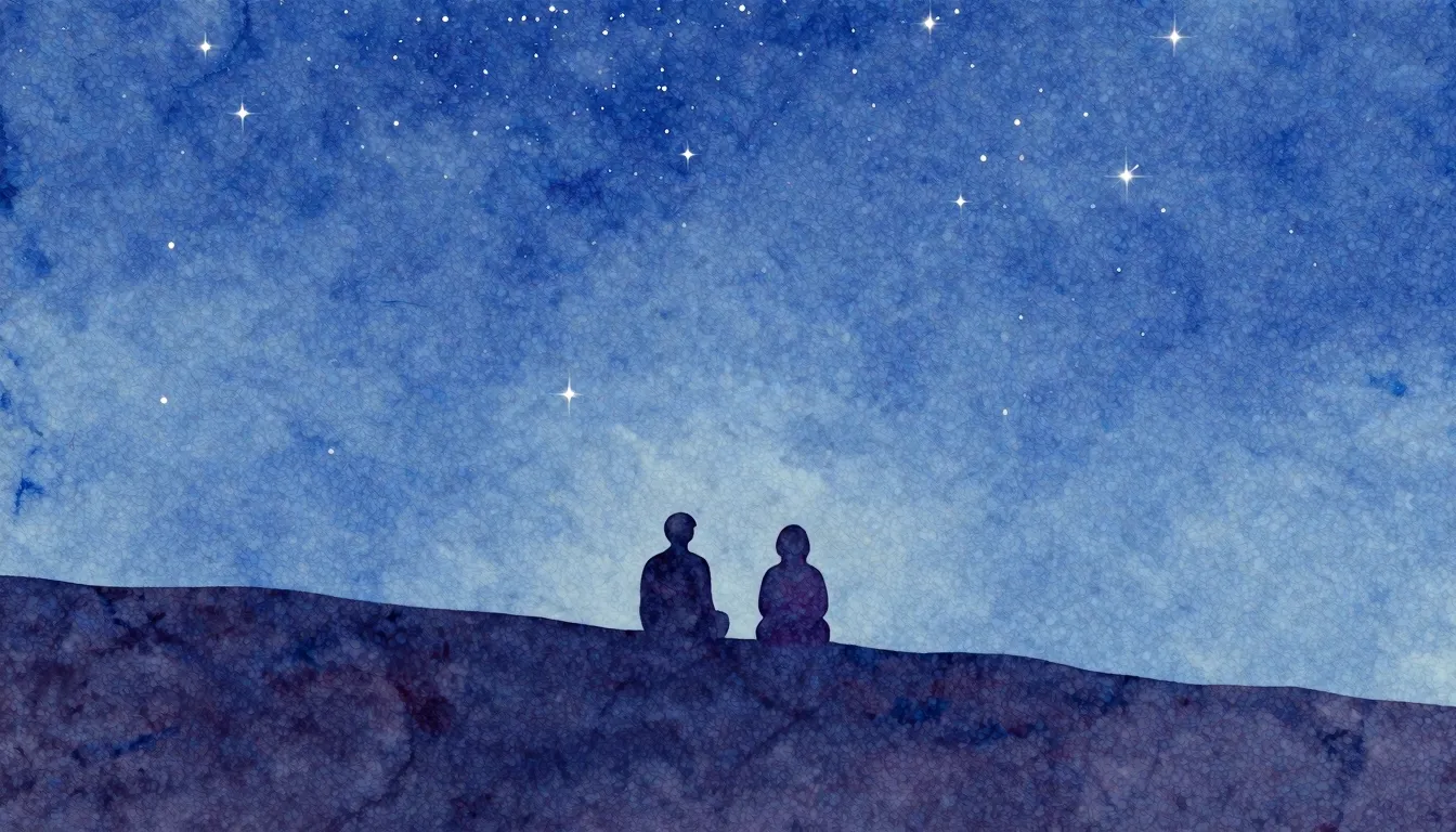 Watercolor style. Silhouette of two small figures sitting on...
