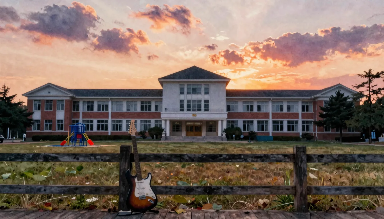 Watercolor style. Silhouette of a large school building and ...