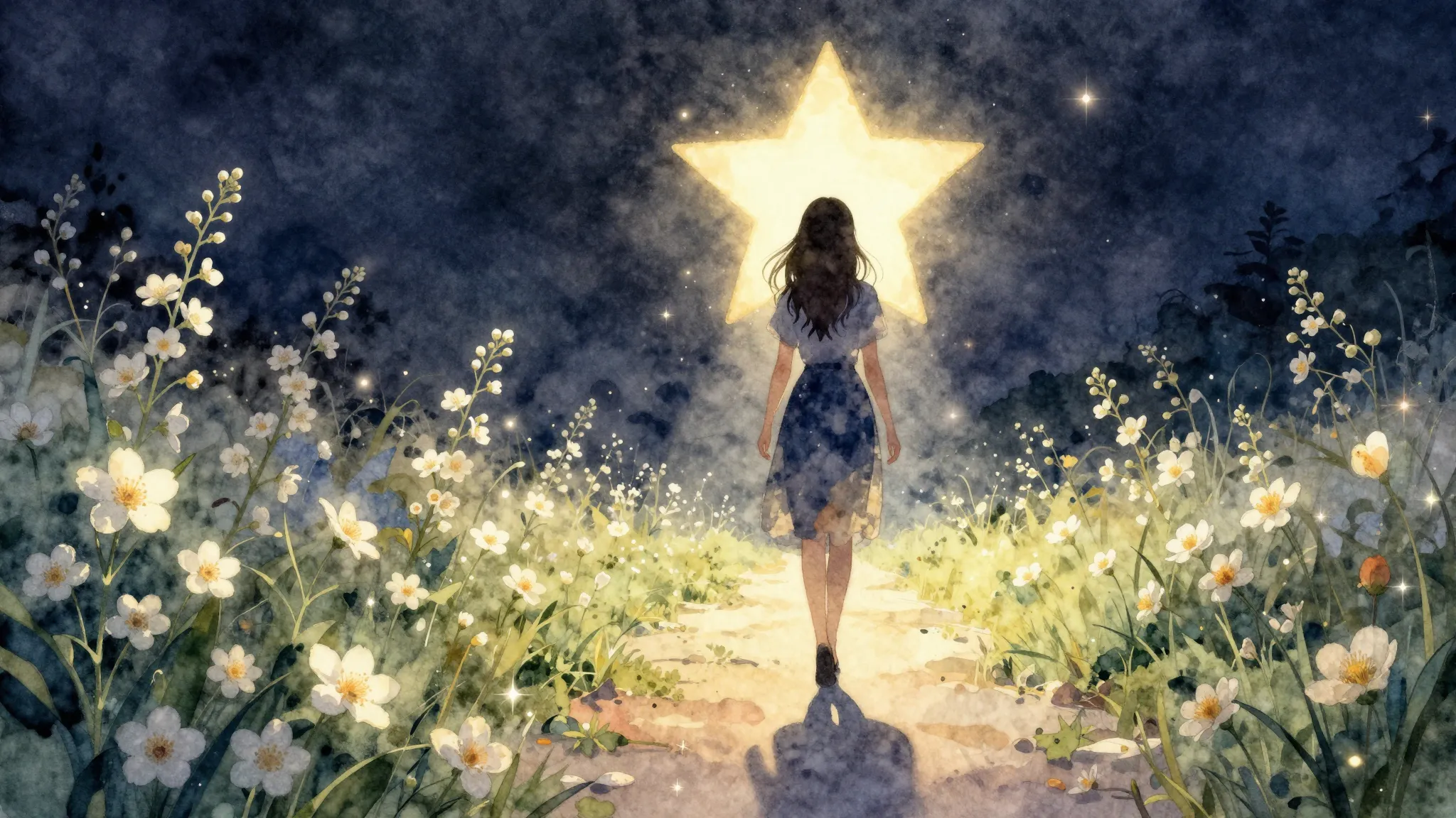 Watercolor style. Silhouette of a woman walking towards a gl...