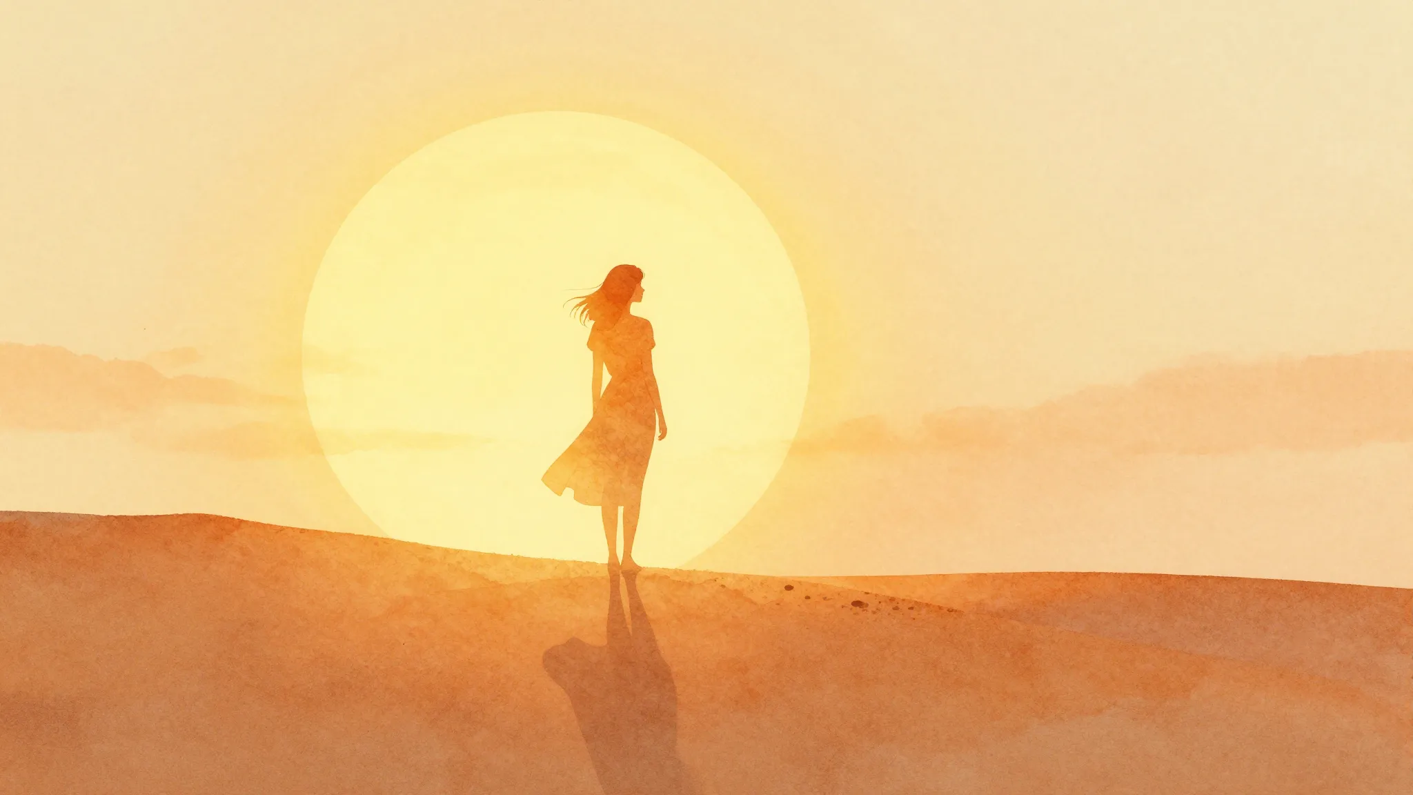 Watercolor style. A warm silhouette of a woman standing on a...