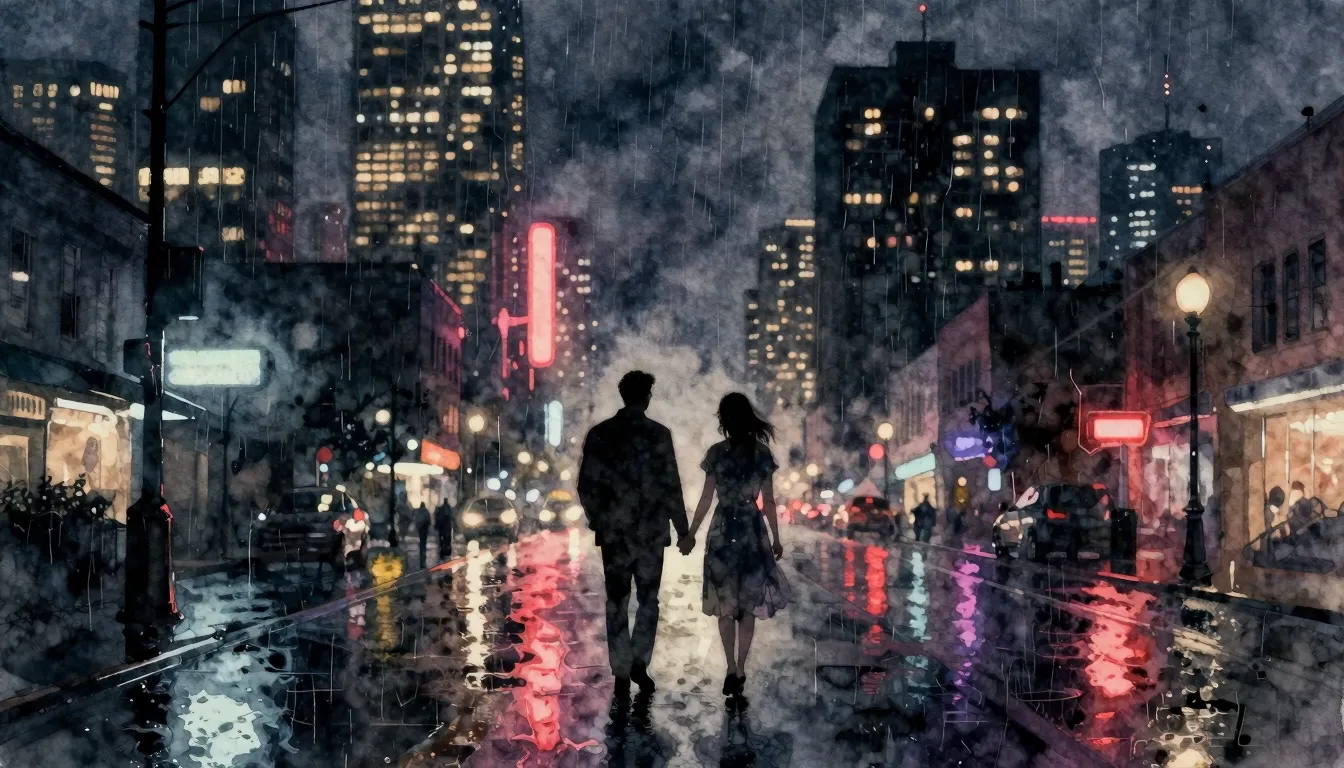 Watercolor style. A dark city skyline at night with bright n...