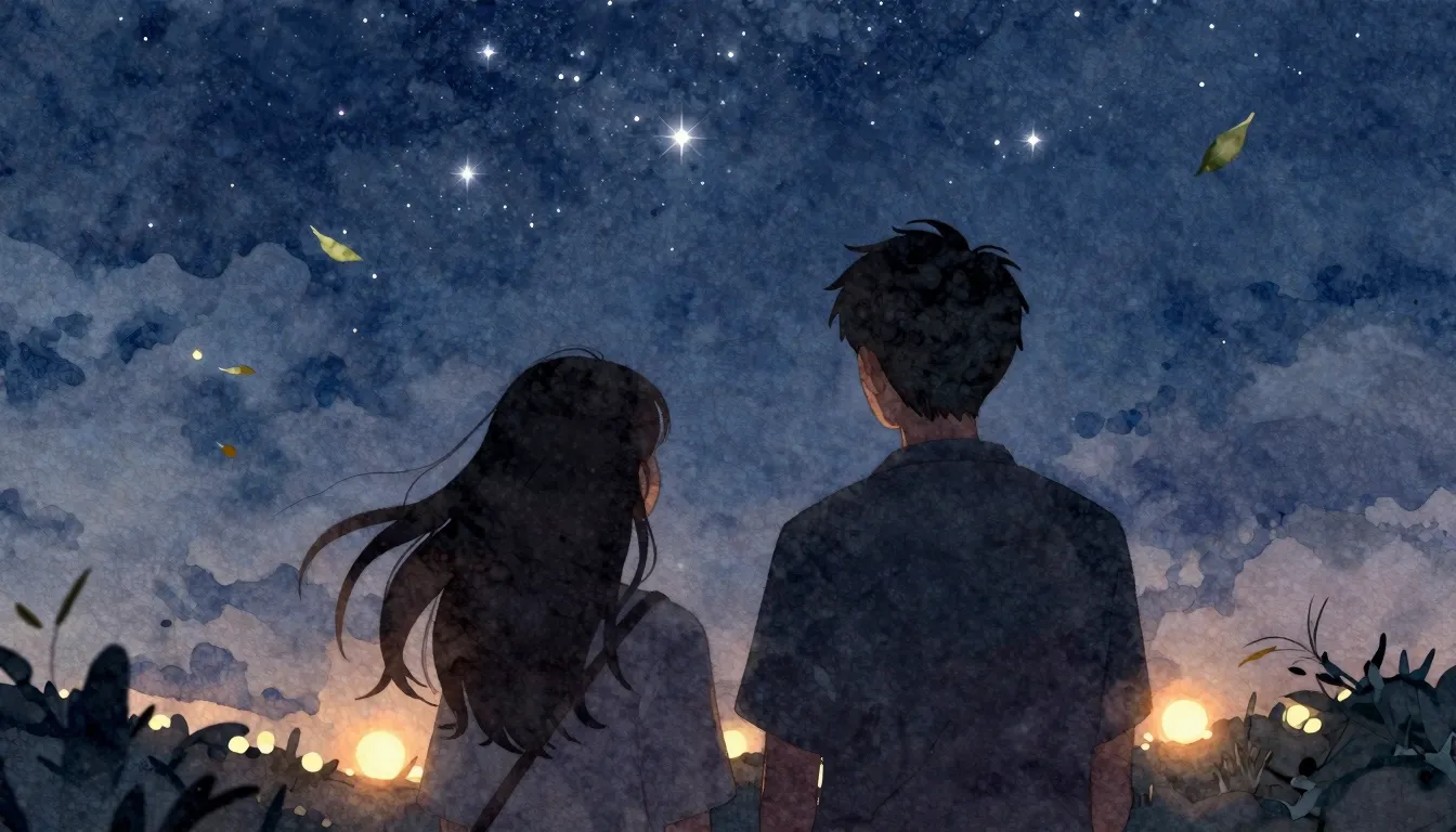 Watercolor style. Two silhouettes looking at a starry sky, g...