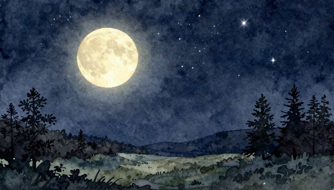 Watercolor style. A serene night sky with a glowing moon and...