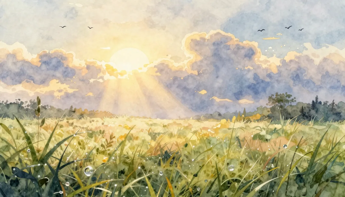 Watercolor style. A gentle morning landscape with golden sun...