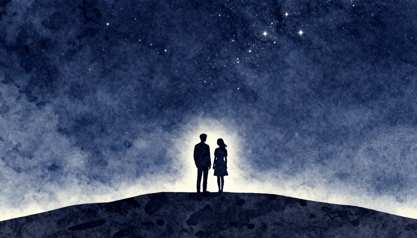Watercolor style. A dark silhouette of a couple standing on ...