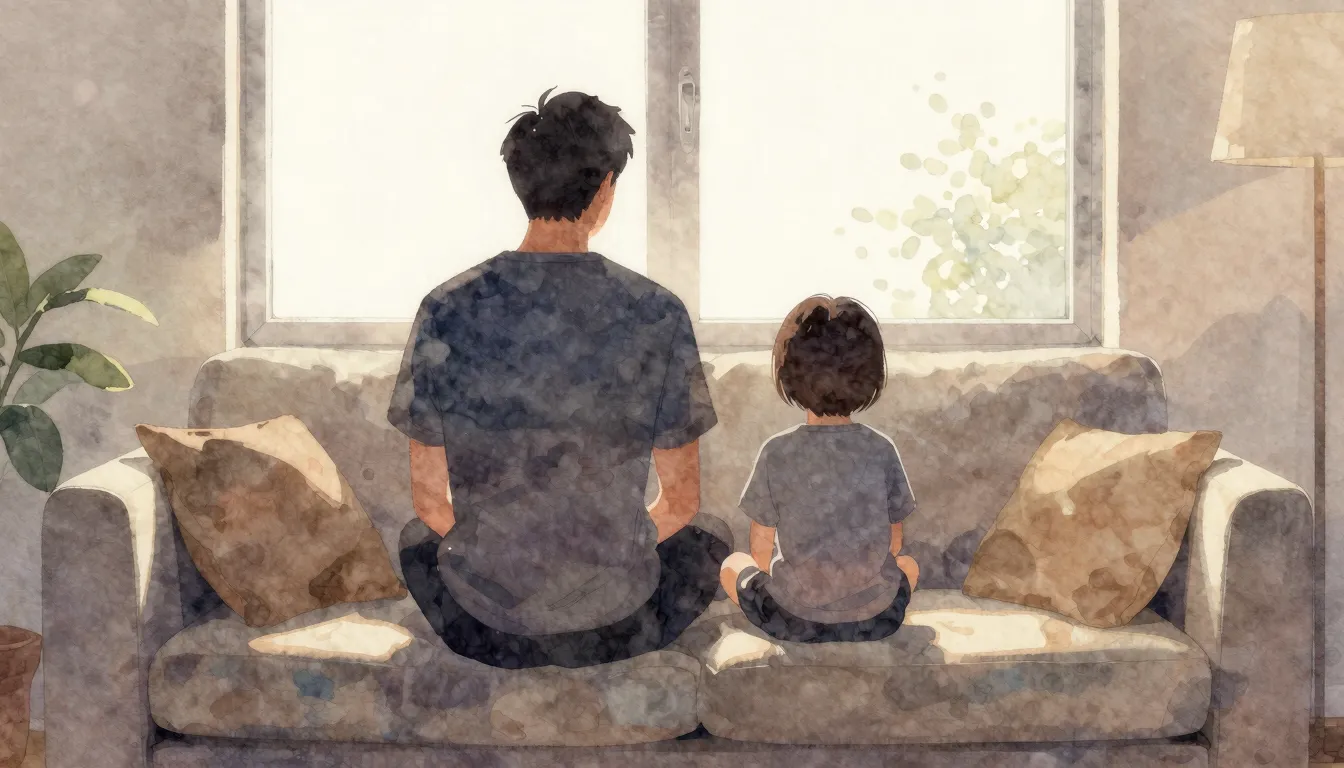 Watercolor style. Two silhouettes of a father and a child si...