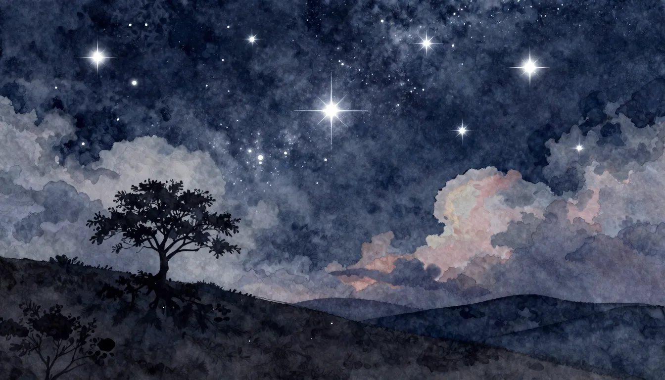 Watercolor style. Night sky with glowing silver stars, soft ...