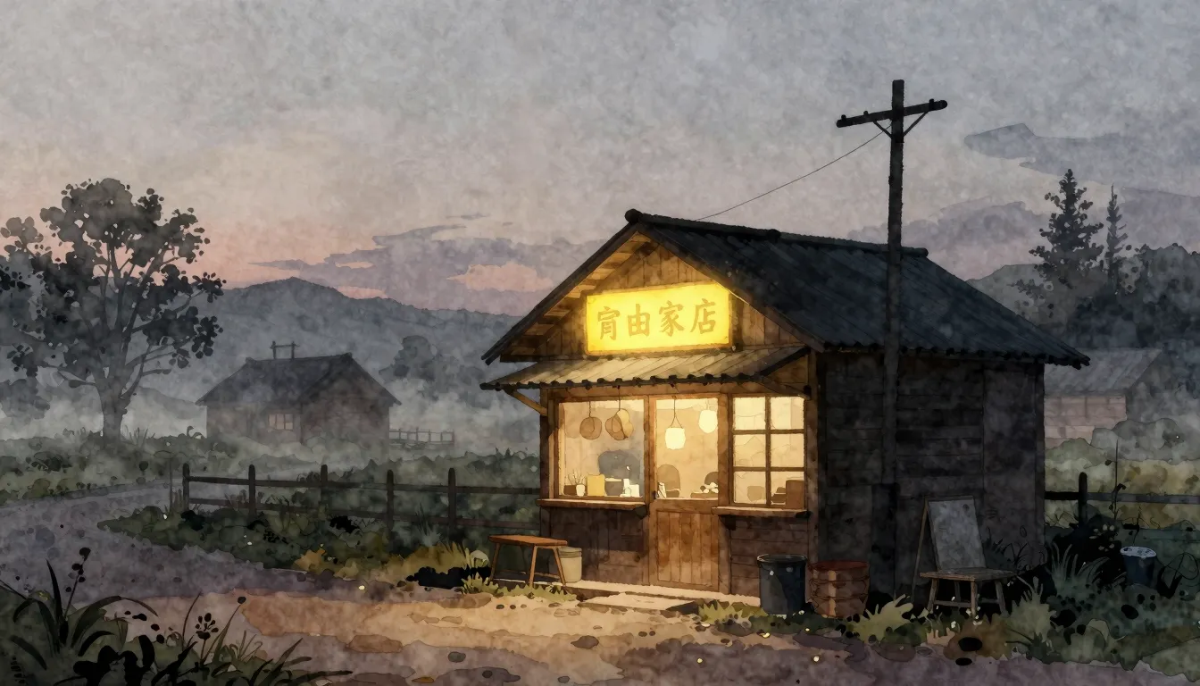 Watercolor style. A silhouette of a small wooden shop with a...