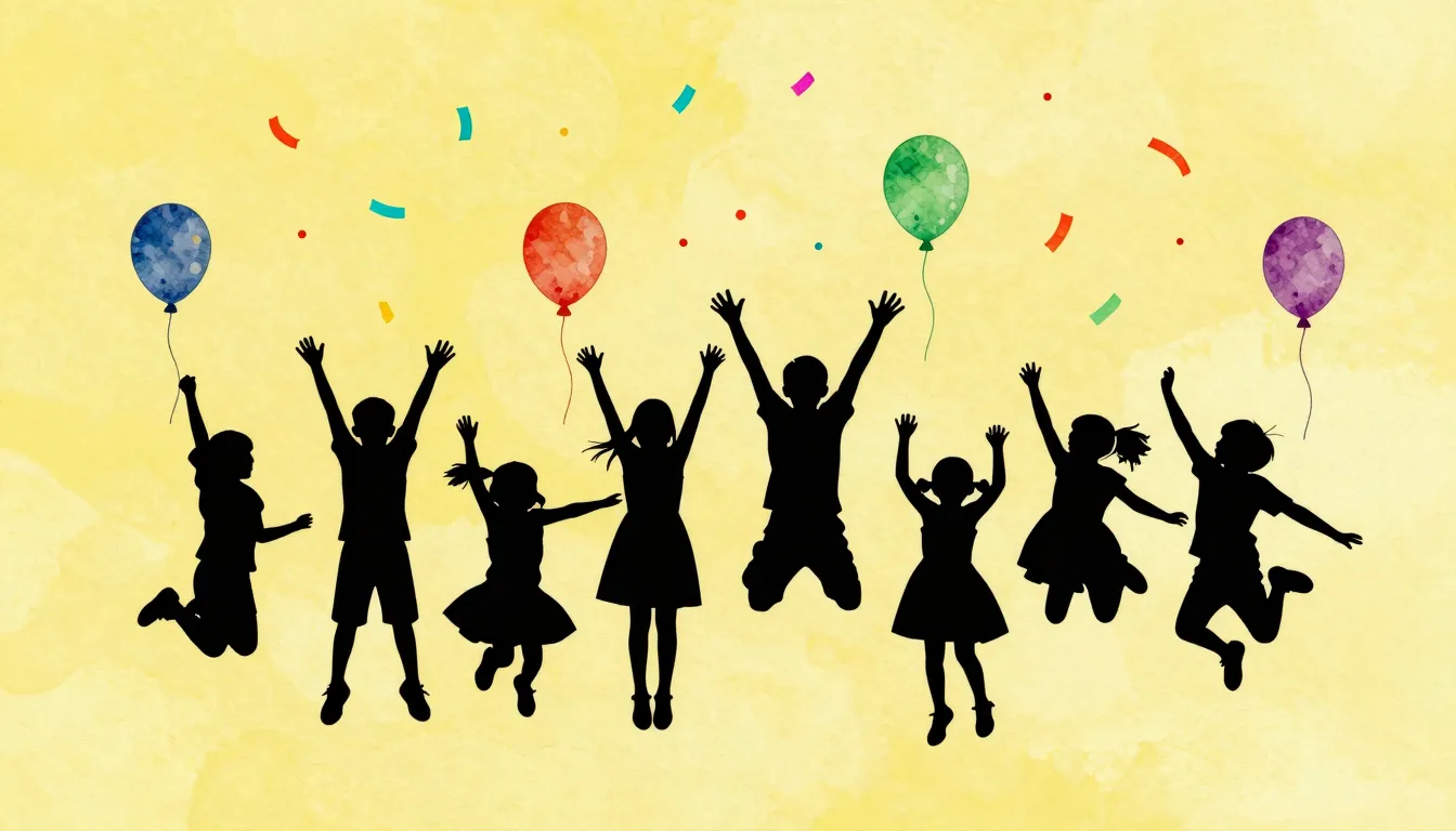 Watercolor style. A silhouette of a group of small children ...